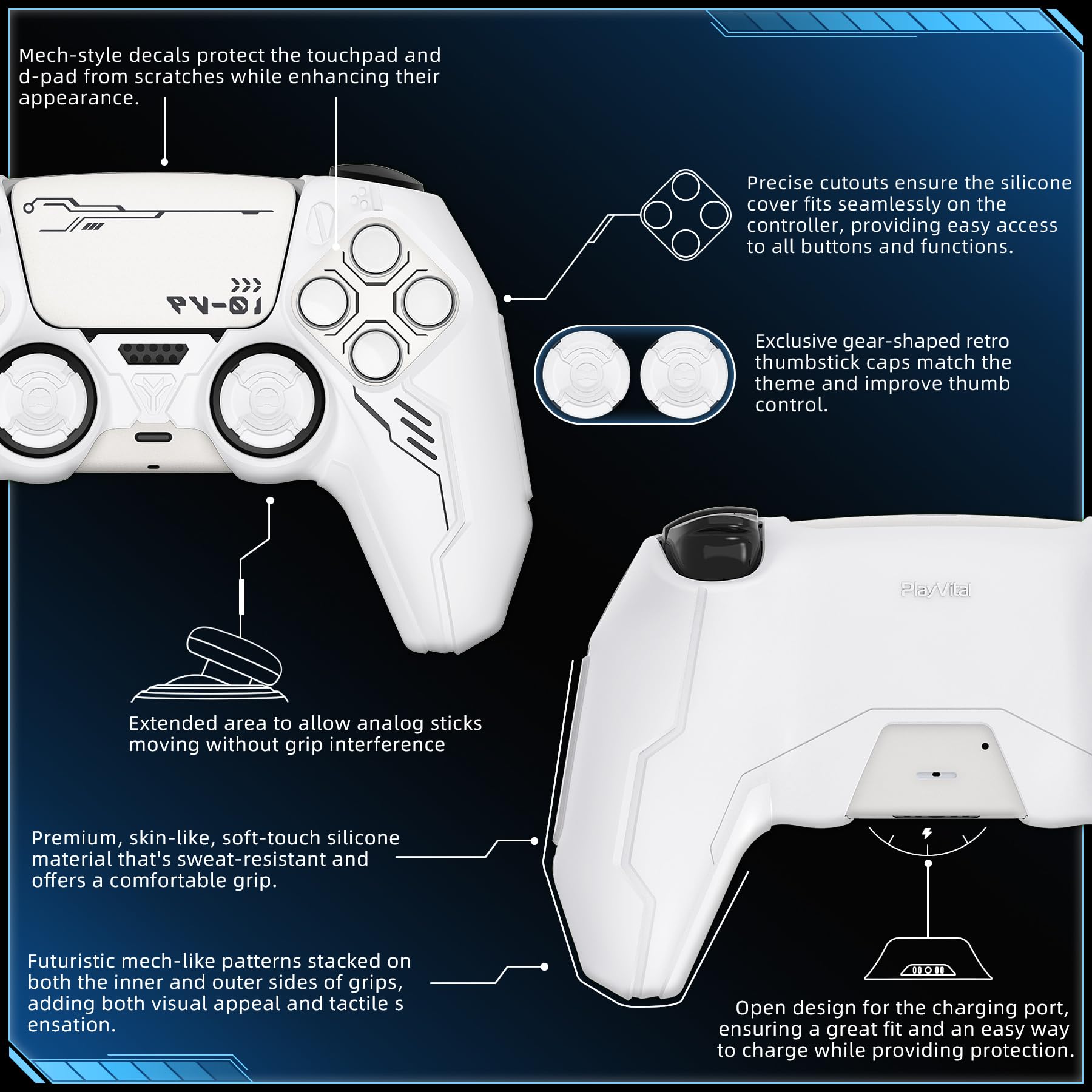 playvital Cover Controller per ps5 Joystick Custodia Silicone Skin Antiscivolo Grip Ergonomico, 2 Copri Analogici e 6 Adesivi, Adatto per Stazione di Ricarica, Mecha-Bianco