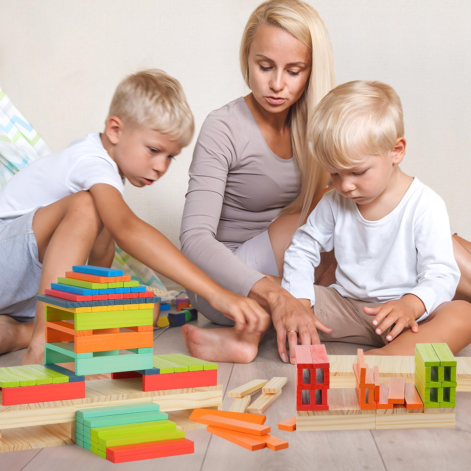 Hayder Classic Wooden Building Blocks Set, 100PCS Solid Wood Blocks in 9 Colors Stacking Educational Toy Set for Kids