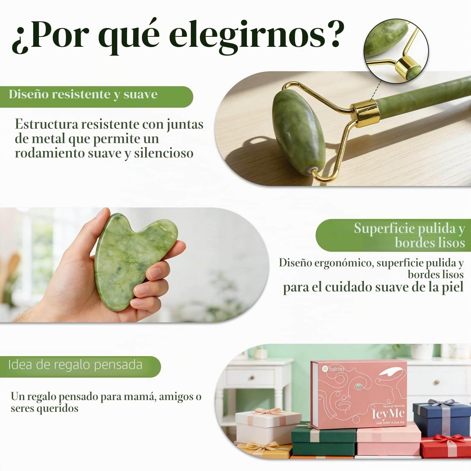 BAIMEI Gua Sha y Rodillo De Jade Roller, Guasha masajeador facial Calma yRelaja la Piel,Regalo para el cuidado de la piel,Regalos Para Mujeres