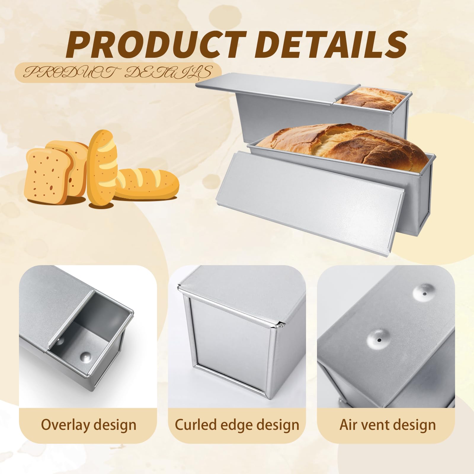 4 moldes para pan Pullman de 2 libras con raspadores de masa de 13 x 4 pulgadas, molde plateado antiadherente con tapa para hornear, tostadas de pan, para uso en horno