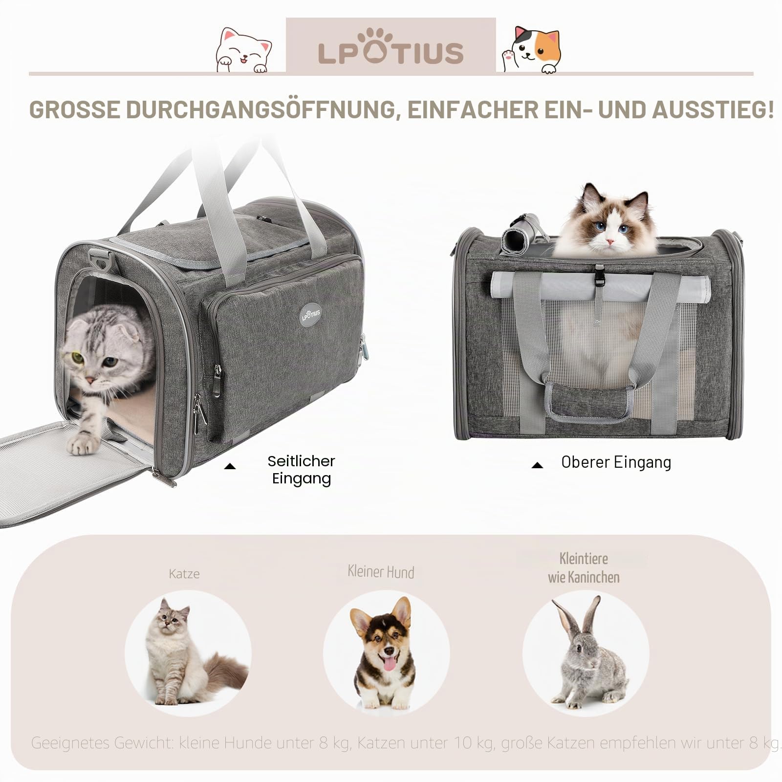 Transporttasche für Katzen, Tragetaschen für Hunde, atmungsaktiv und faltbar, Transportbox für Katzen mit verstellbarem Schultergurt (Grau)