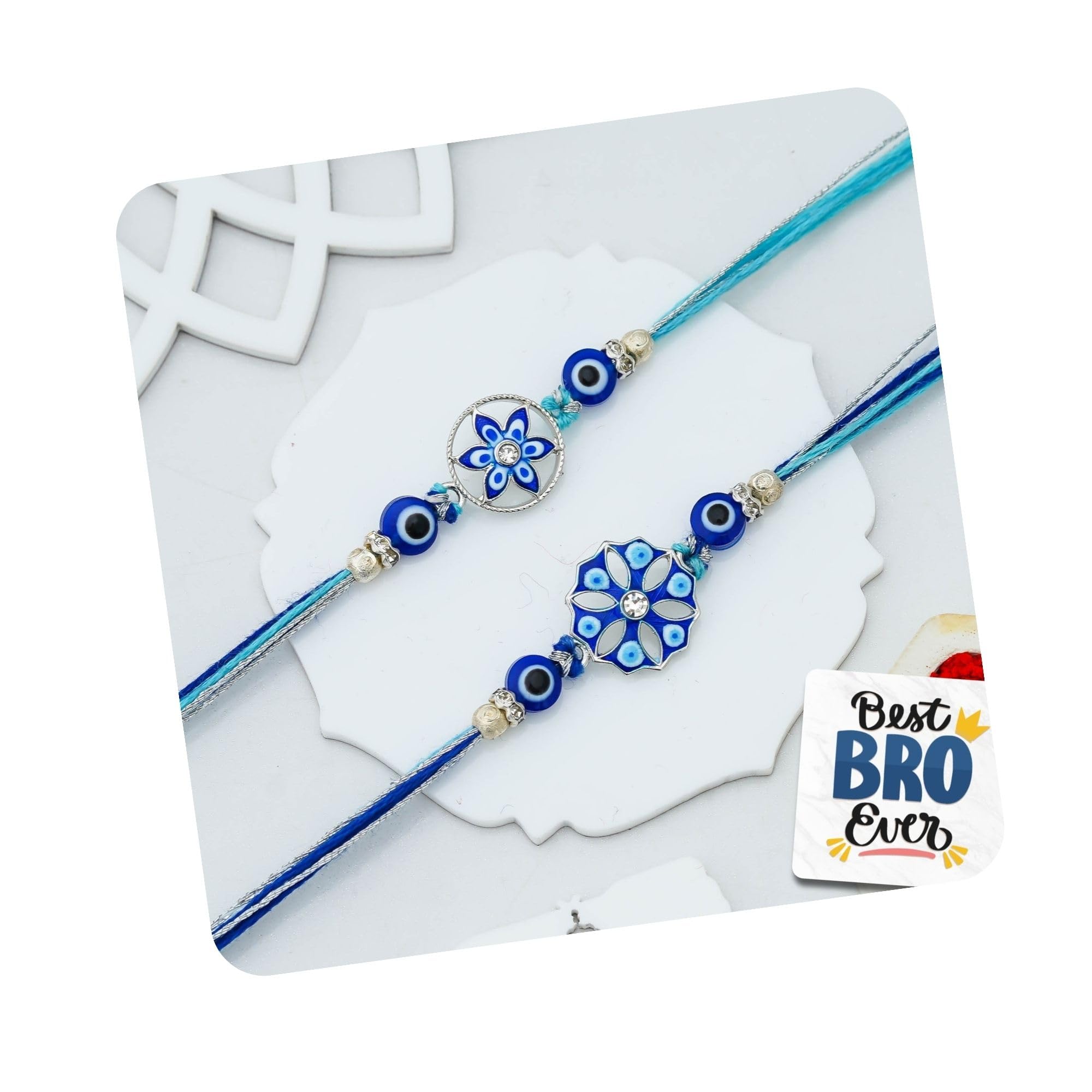 eCraftIndia Set of 2 Floral Evil Eye Rakhi for Brother | Designer Rakhi Set | Designer Rakhis | Best Bro Ever Fridge Magnet | Roli Chawal Pack-image-37