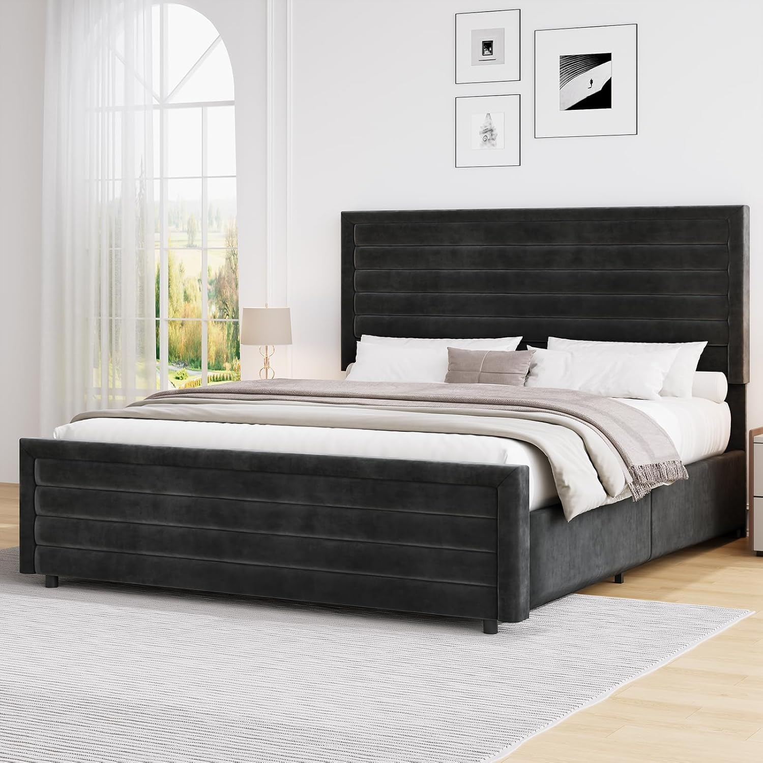 Full Size Bed Frame Upholstered Platform Bed with Velvet Headboard and Footboard Mattress Foundation with Wooden Slats No