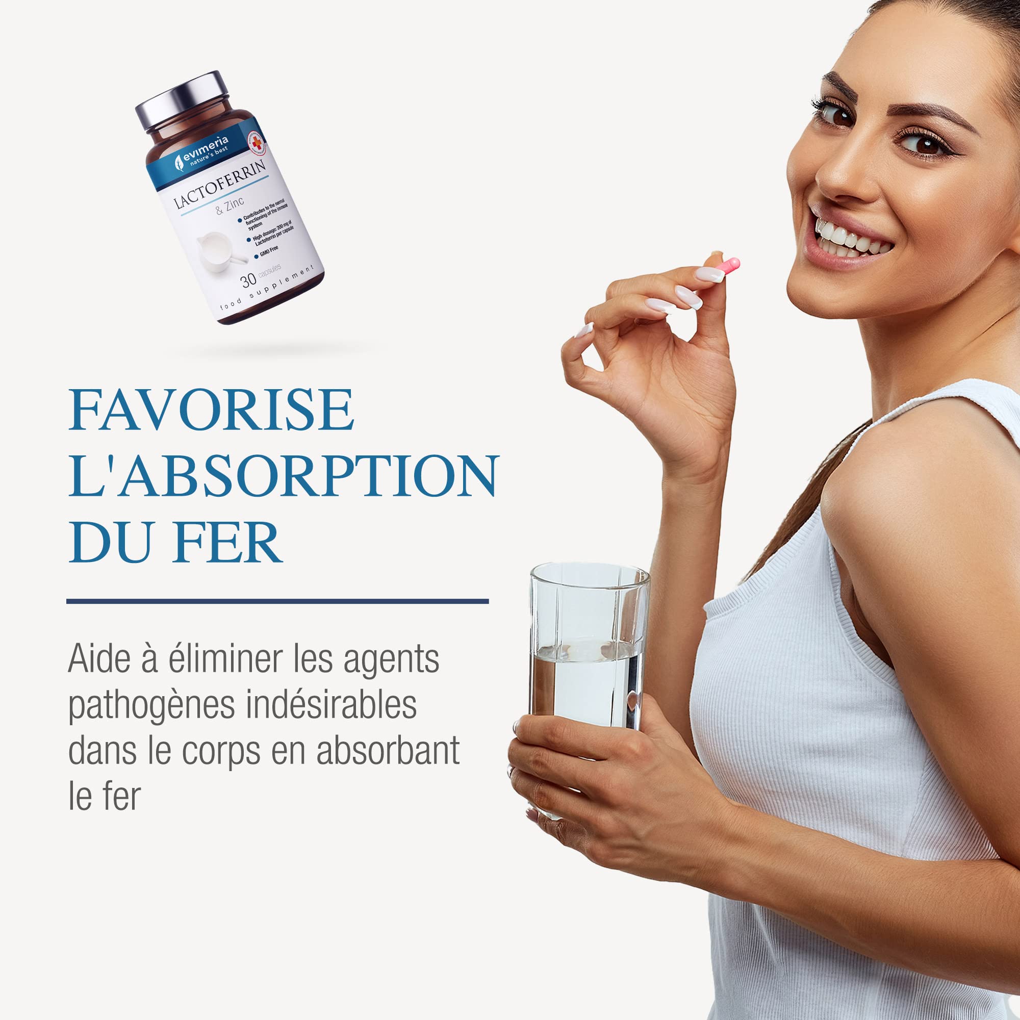 EVIMERIA Lattoferrine pure 200 mg et zinc | Contribue à renforcer le système immunitaire | Complément de défense immunitaire | Lattoferrine complémentaire | Stimule les défenses immunitaires Lot de 2