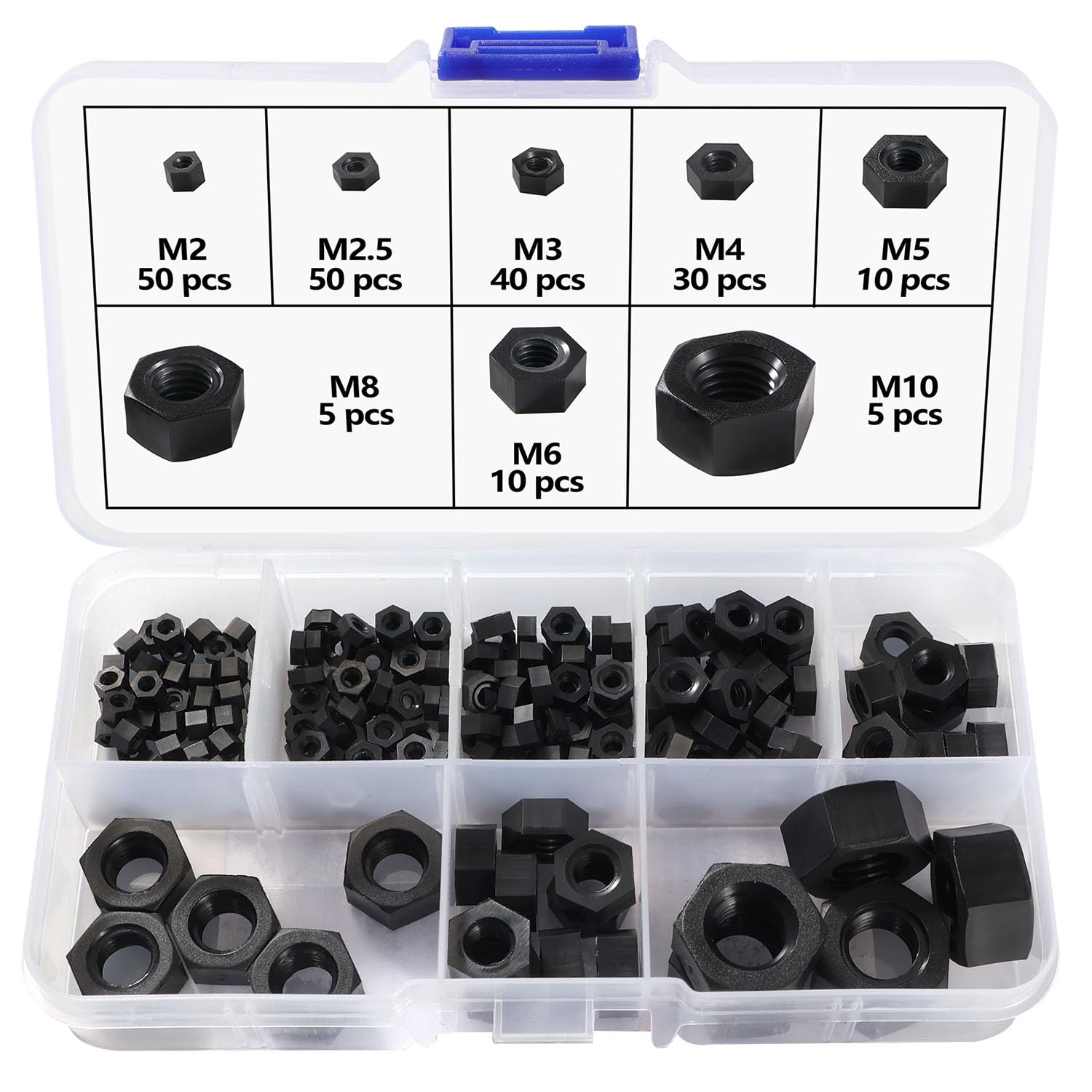 200 Pezzi M2/M2.5/M3/M4/M5/M6/M8/M10 Dadi Esagonali in Plastica, Dadi Esagonali in Nylon, Dado Esagonale Filettato Metrico, Nero