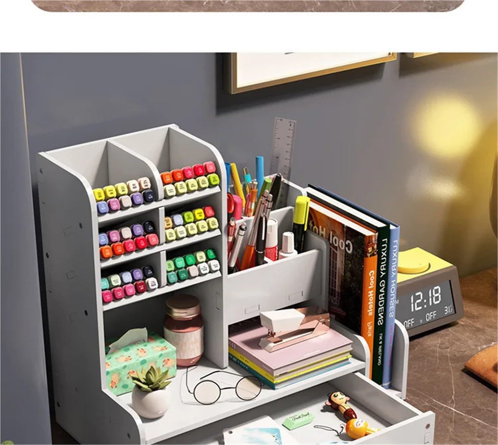 Estante De Almacenamiento De Rotuladores Caja de almacenamiento multifuncional for bolígrafos, estante de inserción oblicua for estudiantes de pintura, estilo cajonera, suministros de oficina, 1 Uds.