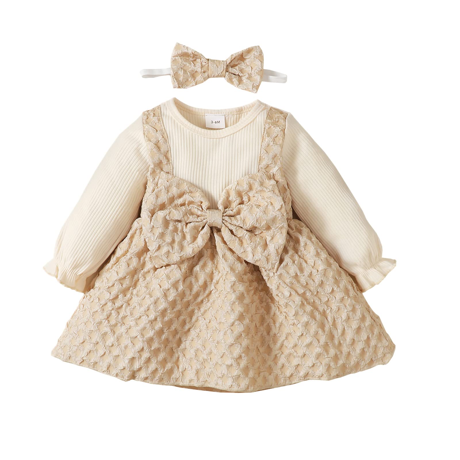 VISGOGO Infant Baby Girls Plaid Dress Ruffles Long Sleeve Buttons Square Neck A-line Dress Fall Winter Clothes (Bow, 3-6 Months)