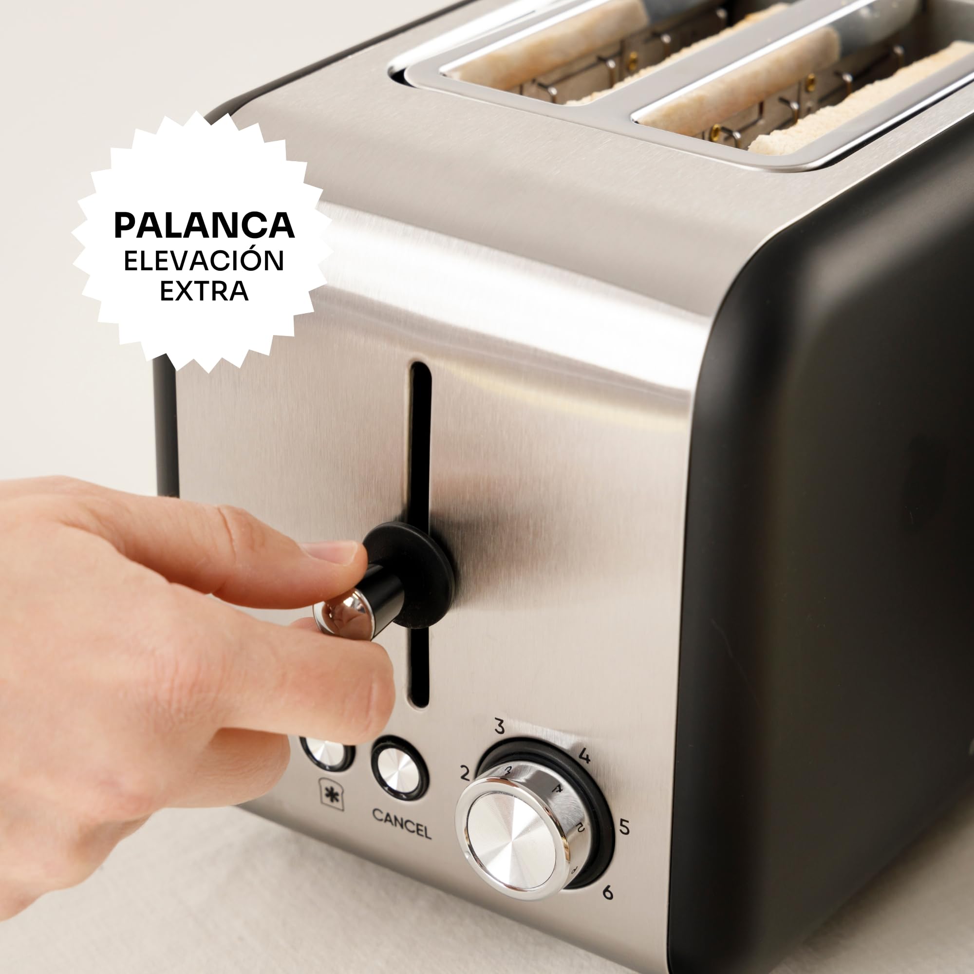 Mellerware - Tostadora Crispy! Inox 850W | 3en1 (Recalentar, Descongelar, Tostar) | 6 Funciones | Ranuras 14x4cm | Bandeja Recogemigas | Diseño Único Vintage | Silenciosa | Libre de BPA | Negro