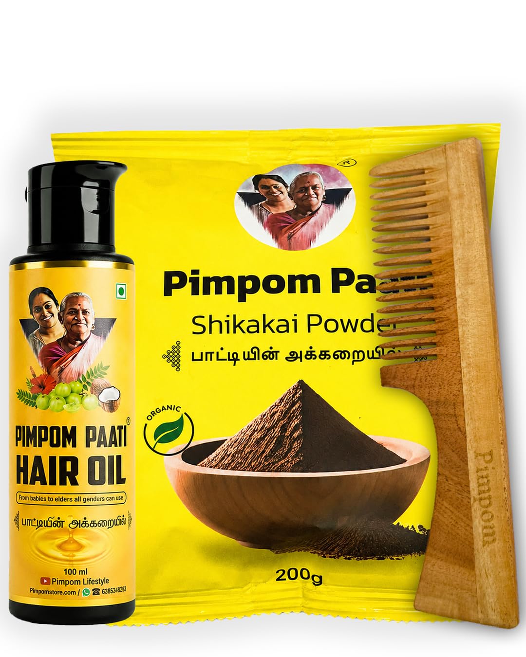 PIMPOM PAATI Complete Hair Care Combo - 100ml Hair Oil , 200g Shikakai Powder, Neem Wood Comb | For Men, Women & Kids-image-22