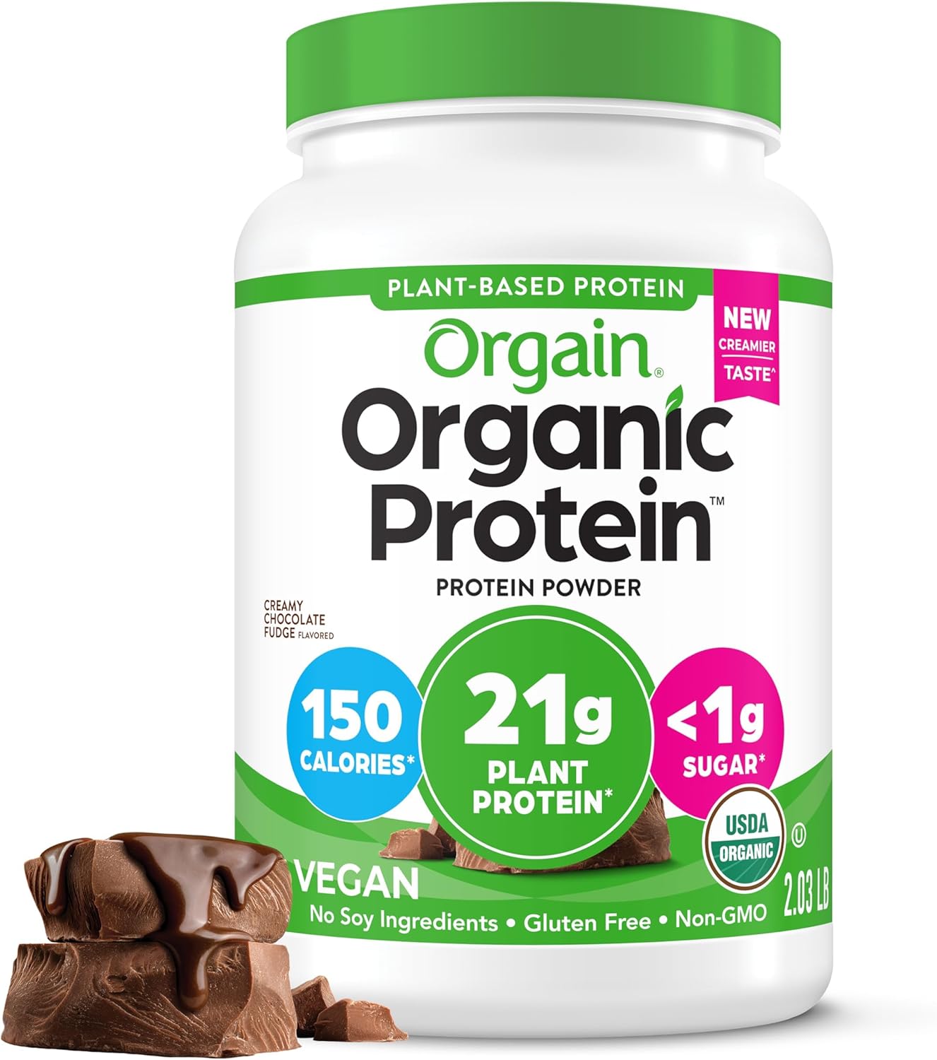 Orgain Organic Vegan Protein Powder, Creamy Chocolate Fudge - 21g Plant Protein, 6g Prebiotic Fiber, Low Net Carb, No Lactose Ingredients, No Added Sugar, Non-GMO, For Shakes & Smoothies, 2.03 lb - Creamy Chocolate Fudge flavor protein powder by Orgain