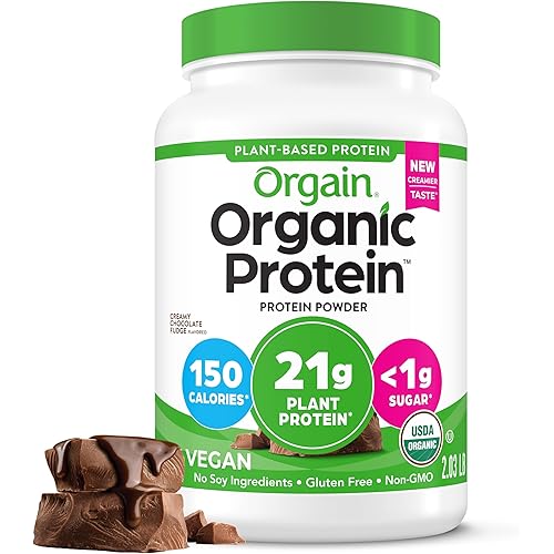Orgain Organic Vegan Protein Powder, Creamy Chocolate Fudge - 21g Plant Protein, 6g Prebiotic Fiber, Low Net Carb, No Lactose Ingredients, No Added Sugar, Non-GMO, For Shakes & Smoothies, 2.03 lb