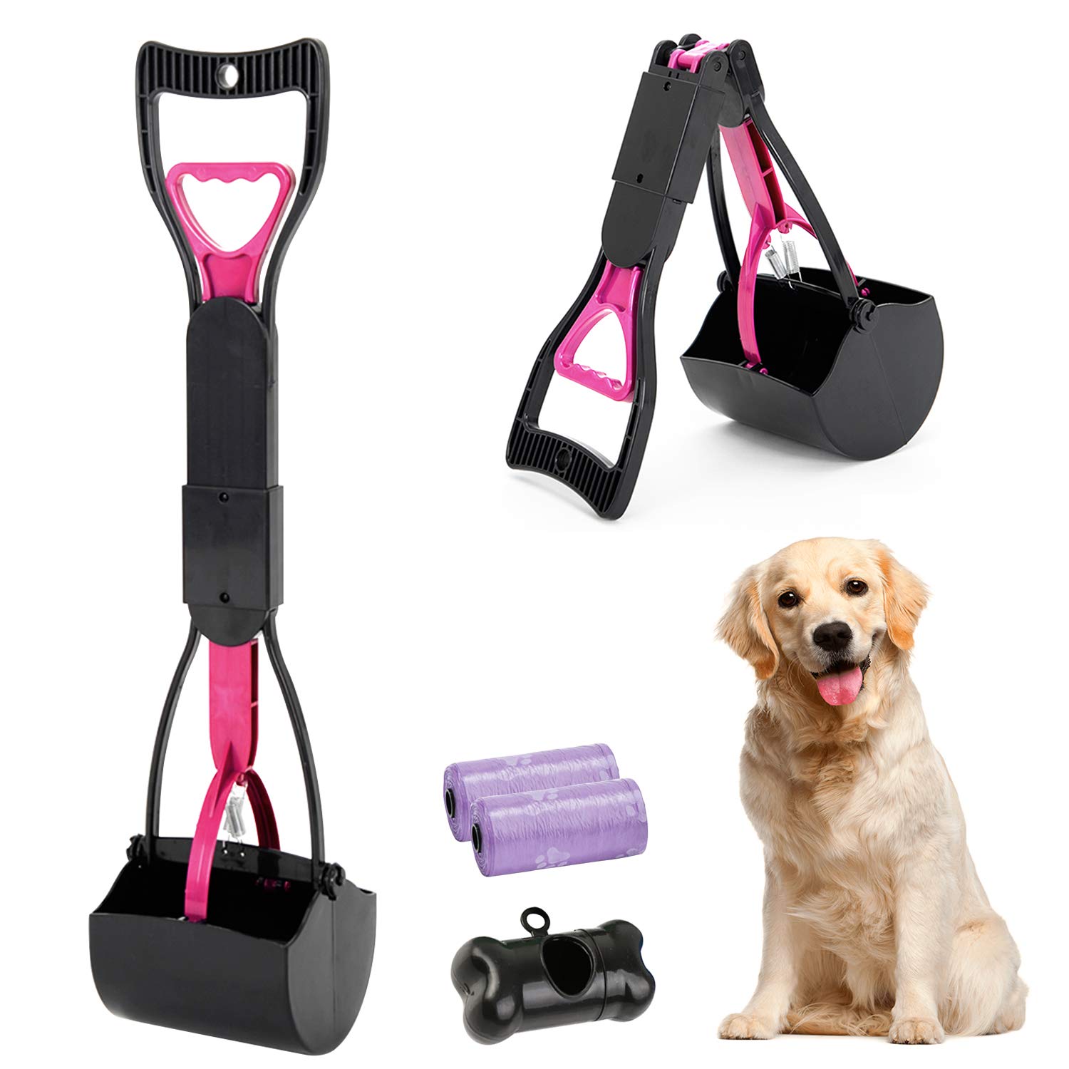 HyAiderTech Pelle Ramasse-Crottes Pliable pour Chien et Chat Pet Long Manche Pooper Scooper, Facile à Déjections Ramasse, Noir & Pourpre