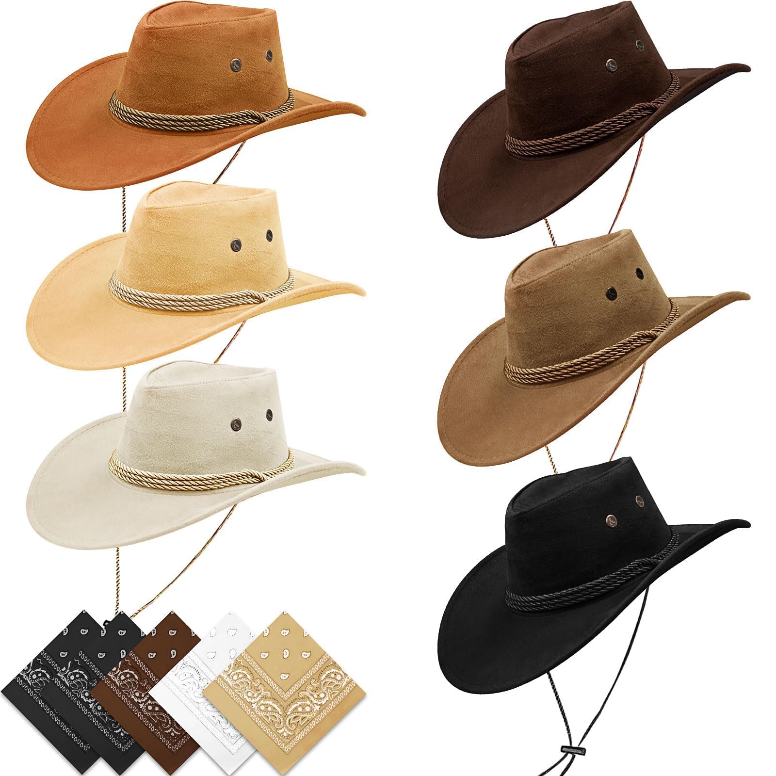 Lot de 6 Chapeaux de Cowboy avec Bandanas, Chapeaux Western Ajustables pour Homme, Idéal pour Fêtes à Thème, Carnaval, Halloween