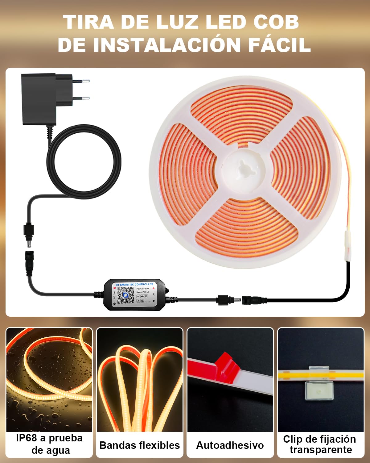 Gliztech 15M Tira LED COB impermeable IP68, 2700K Autoadhesiva Blanco Tira LED para exteriores con alimentación de 24V, BT APP y Control Remoto para Aleros, Jardines, Piscinas, Terrazas, Cocinas