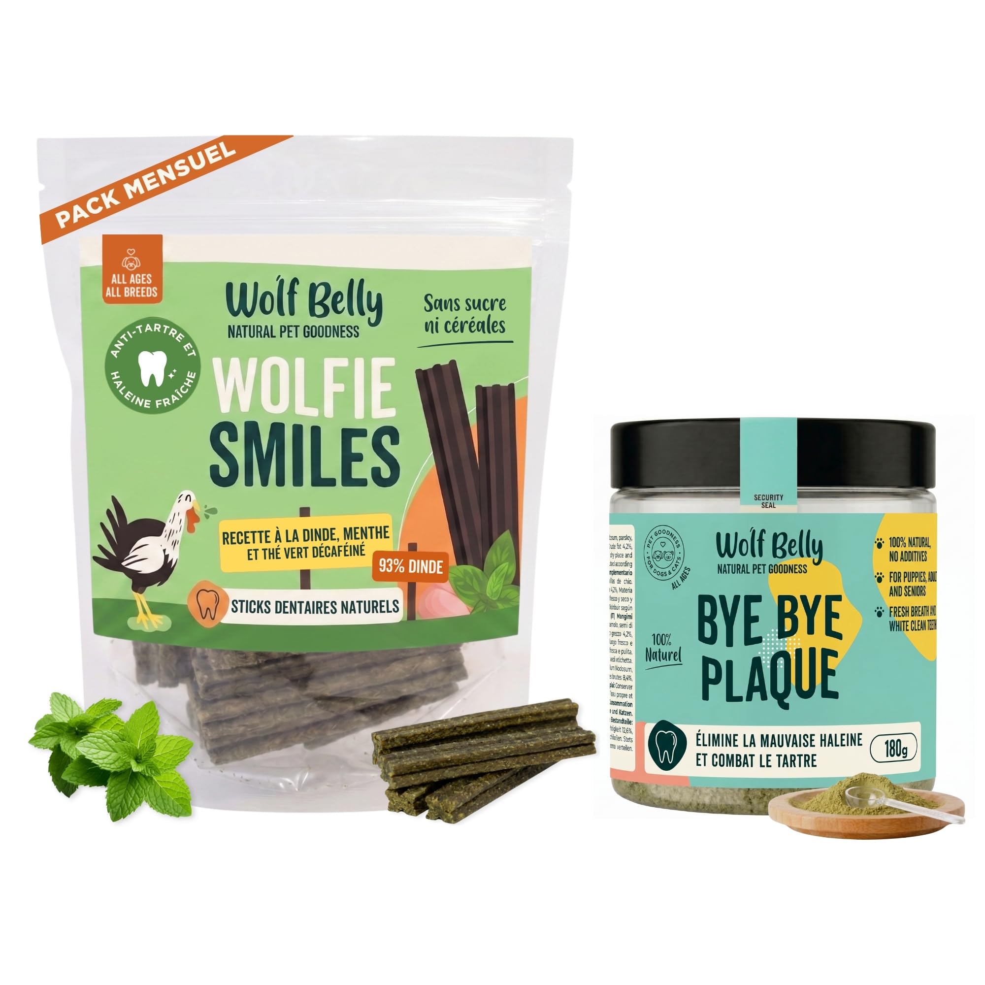 Wolf Belly - Pack d’Hygiène Dentaire Naturelle pour Chiens | Sticks Dentaires à la Dinde 93% (28 unités) + Bye Bye Plaque - Fabriqué en UE