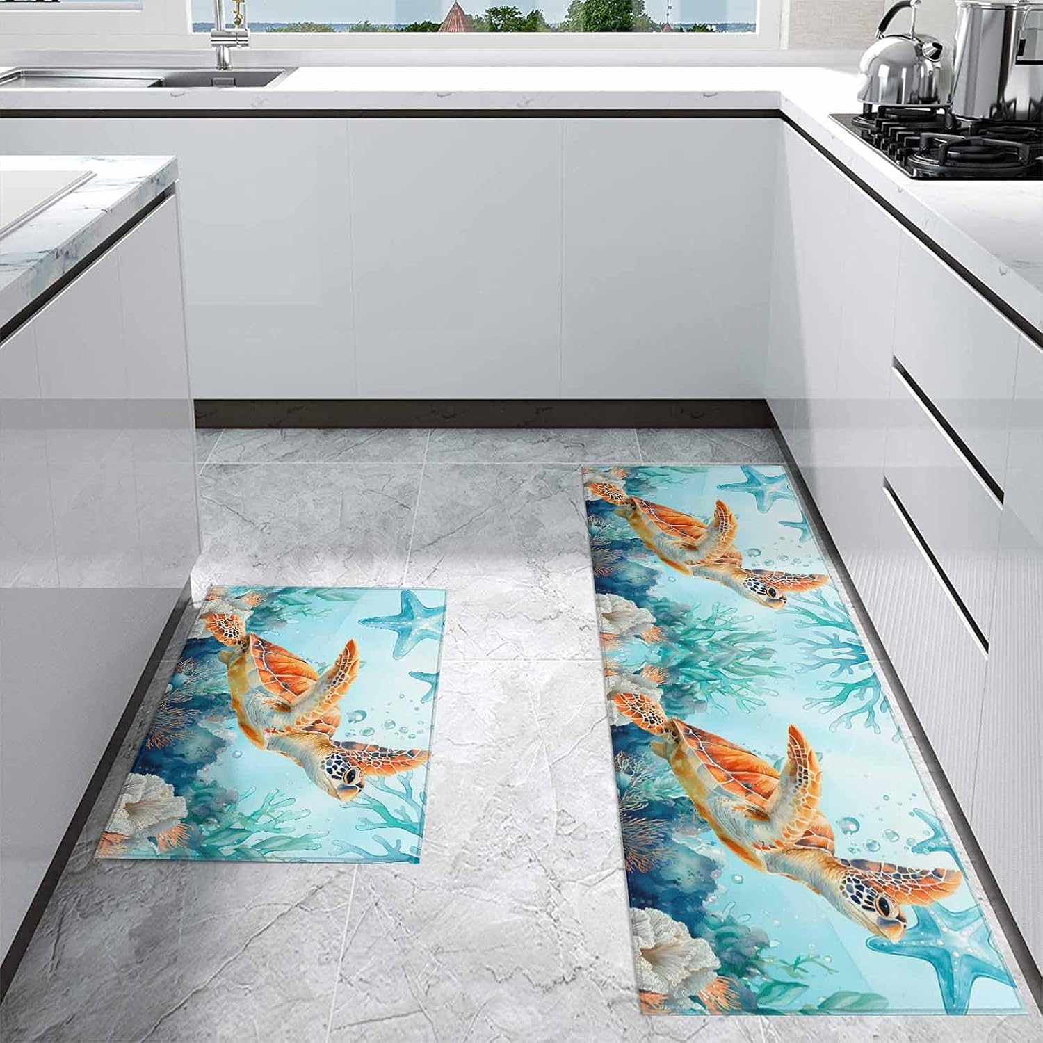 Kitchen Mats for Floor Coastal Sea Turtle Starfish Washable Non Slip Kitchen Rugs 2PCS, Underwater Coral Ocean Art Absorbent Standing Mats for Sink Bathroom Office Living Room 15.7x23.6in+15.7x47.2in