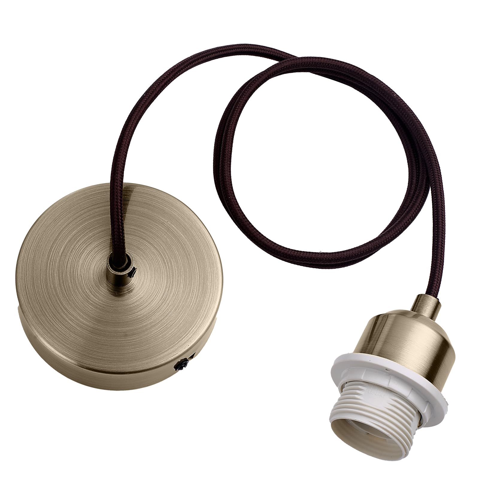 COZZY Ceiling Pendant Light Fitting, Antique Brass Plated E27 Screw Lamp Holder with Ring for Lock Shade, 1000MM Braided Flex, Suspended Pendant Ceiling Rose,82601AB