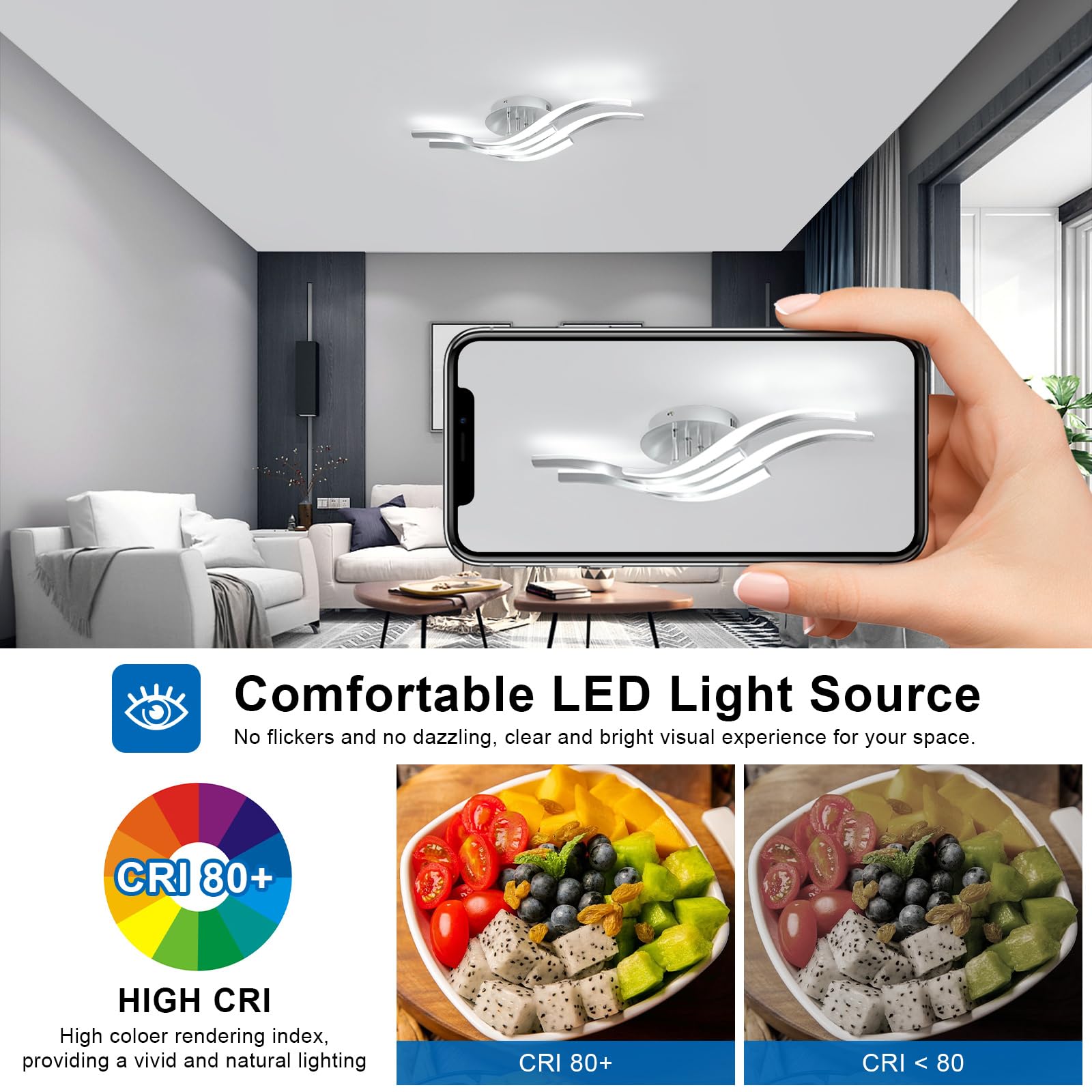 Dorlink Plafoniera LED Soffitto Moderna, 32W 2880LM Lampadario LED Camera da Letto, 6500K Bianco Freddo Lampadari Cucina, 4 Luci Plafoniera Onde Curve Argento, Lampadario Soggiorno, Ø60CM