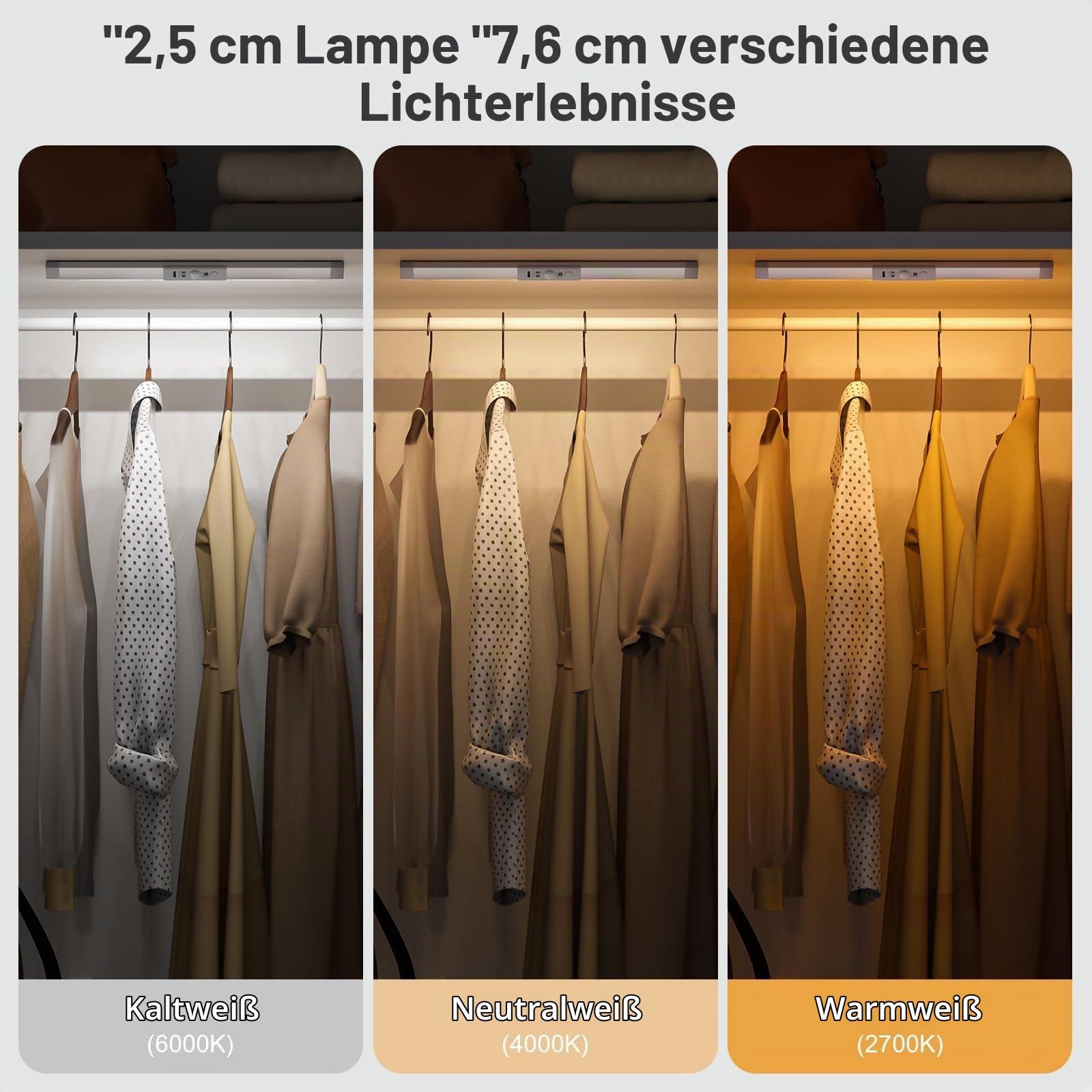 WOBANE Kleiderschrank Beleuchtung mit Bewegungsmelder, Wiederaufladbar, LED | 3 Lichtfarben Dimmbar, Auto Ein/Aus, Kabellos, Trapez Augenschutz, Aluminiumgehäuse, Magnetisch, Schrank/Bett/Wohnwagen, 3er