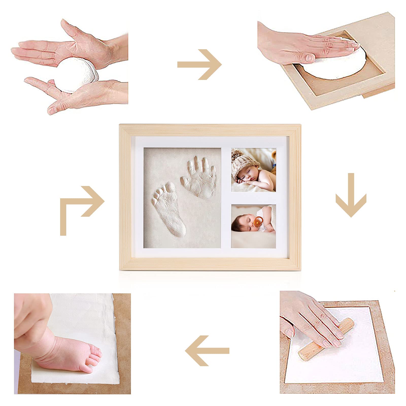 Cadre photo d'argile d'empreinte de main de bébé,Kits de moulage et d'empreintes, cadre en bois et verre acrylique, cadeau de kits de moulage et d'impression pour baptême de bébé(wood-2823)