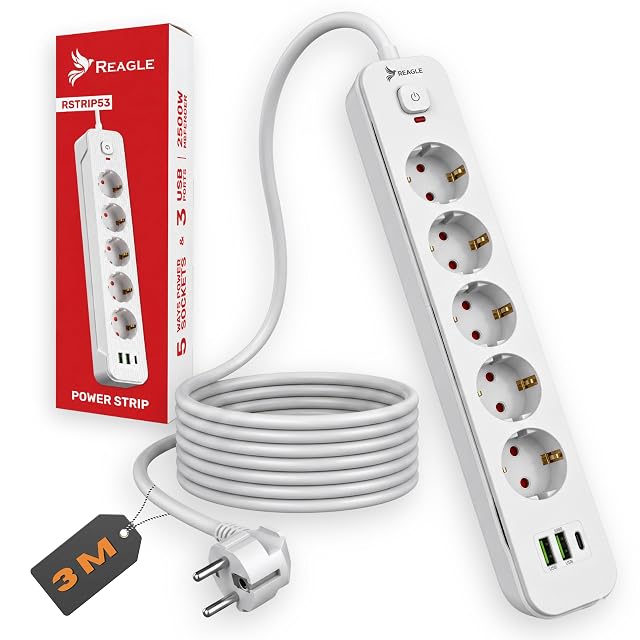 Reagle Listwa Zasilająca 5 Gniazd 230V z USB, Przedłużacz 3M, 2x USB-A 1x USB-C, Rozdzielacz Elektryczny z Włącznikiem, 2500W, Antyprzepięciowa Listwa do Domu Biura