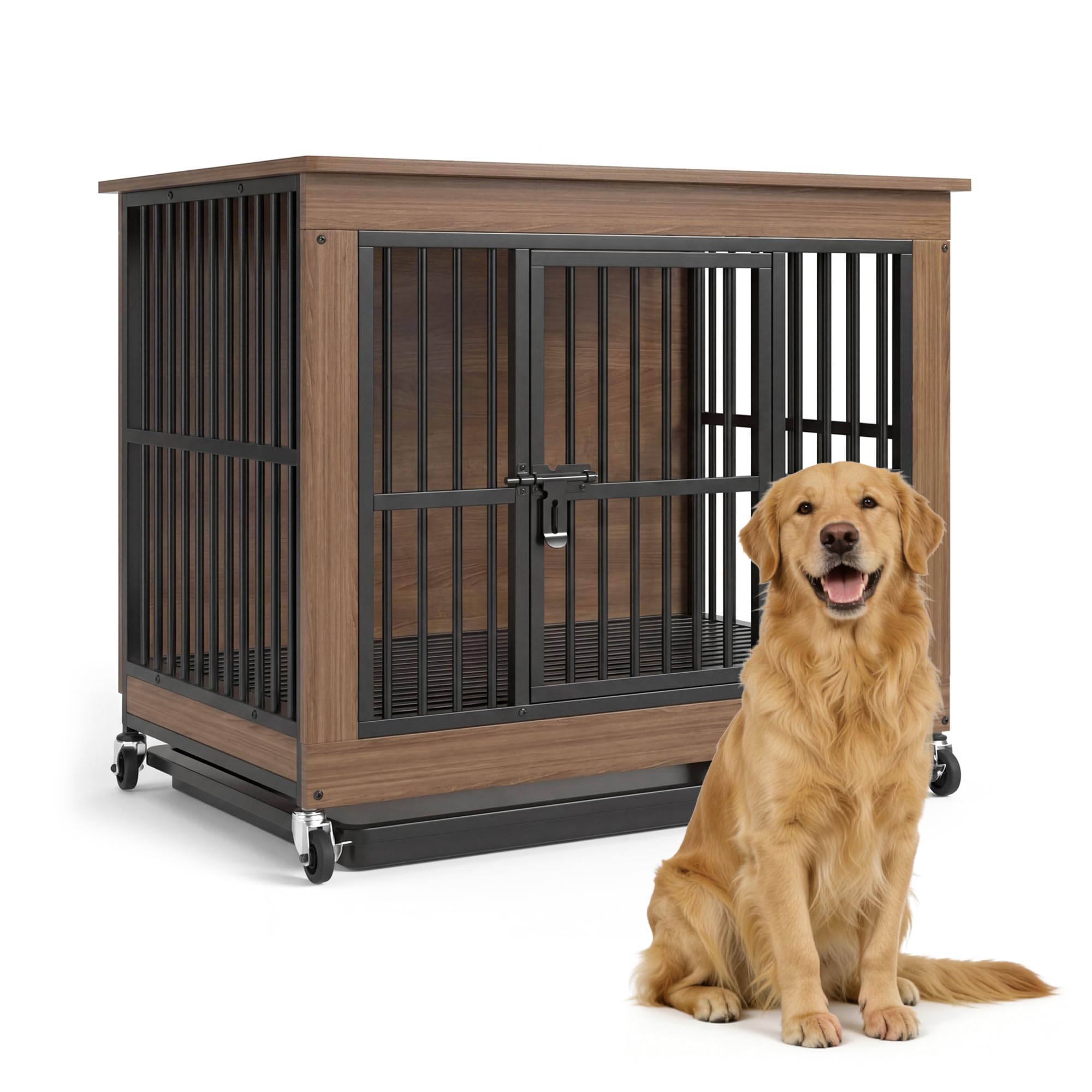 Hundekäfig für Zuhause XXL mit Rollen Bodenwanne große/mittlere Hunde für den Innenbereich Holz Metall möbel Hundemöbel (100x67x89.5cm)
