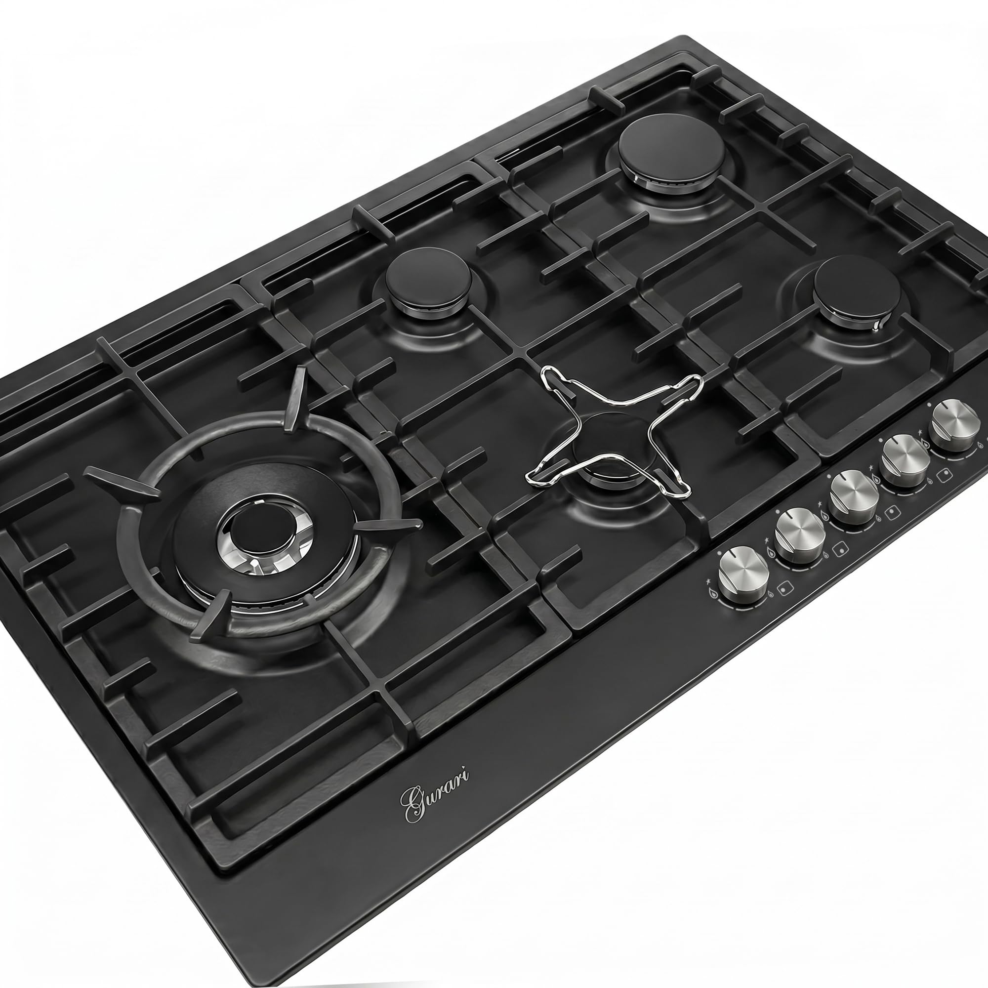 Gurari Gaskochfeld 90 cm GCH FB 905 BL • Autarkes Gas Kochfeld Schwarz Emaille • 5 Gasbrenner mit 4,0 kW WOK Brenner • DEFENDI Flat Brenner • Gusseisen Topfträger • Erdgas & Propangas