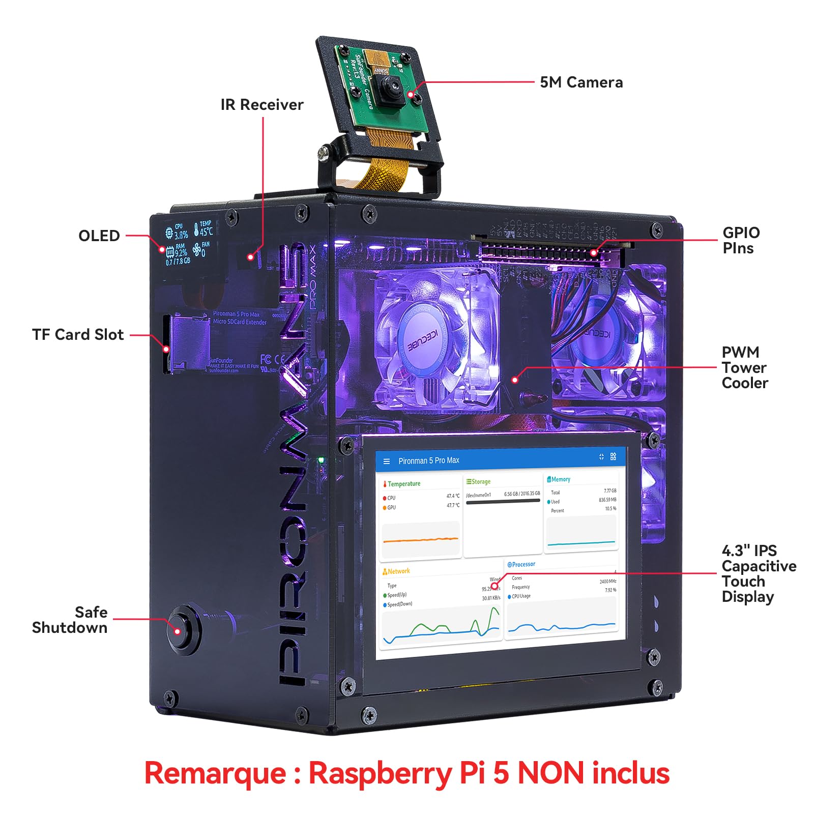 Pironman 5 Pro Max boîtier Mini PC avec écran tactile 4,3" pour Raspberry Pi 5, agent IA OpenClaw, double NVMe RAID 0/1 NAS, caméra, micro, audio, M.2 Hailo8, LLMs ChatGPT/Gemini (RPI5 non inclus)
