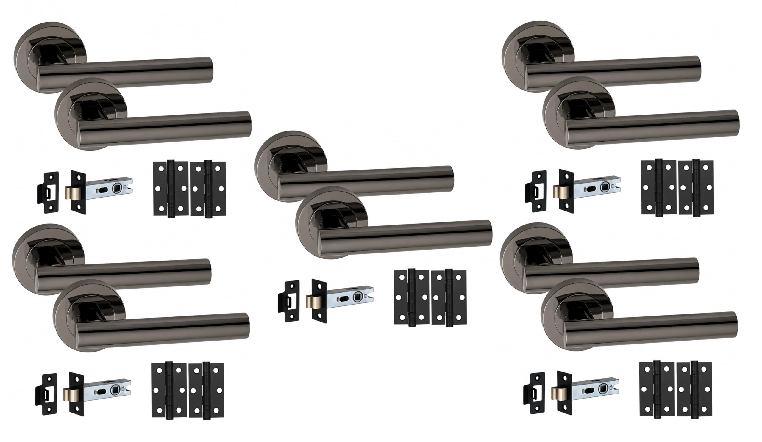 Golden Grace 5 Sets Metalic Black T-Bar Door Handle on Rose with Matt Black Ball BearingHinges and 64mm Tubular Latch Set (5 Sets)