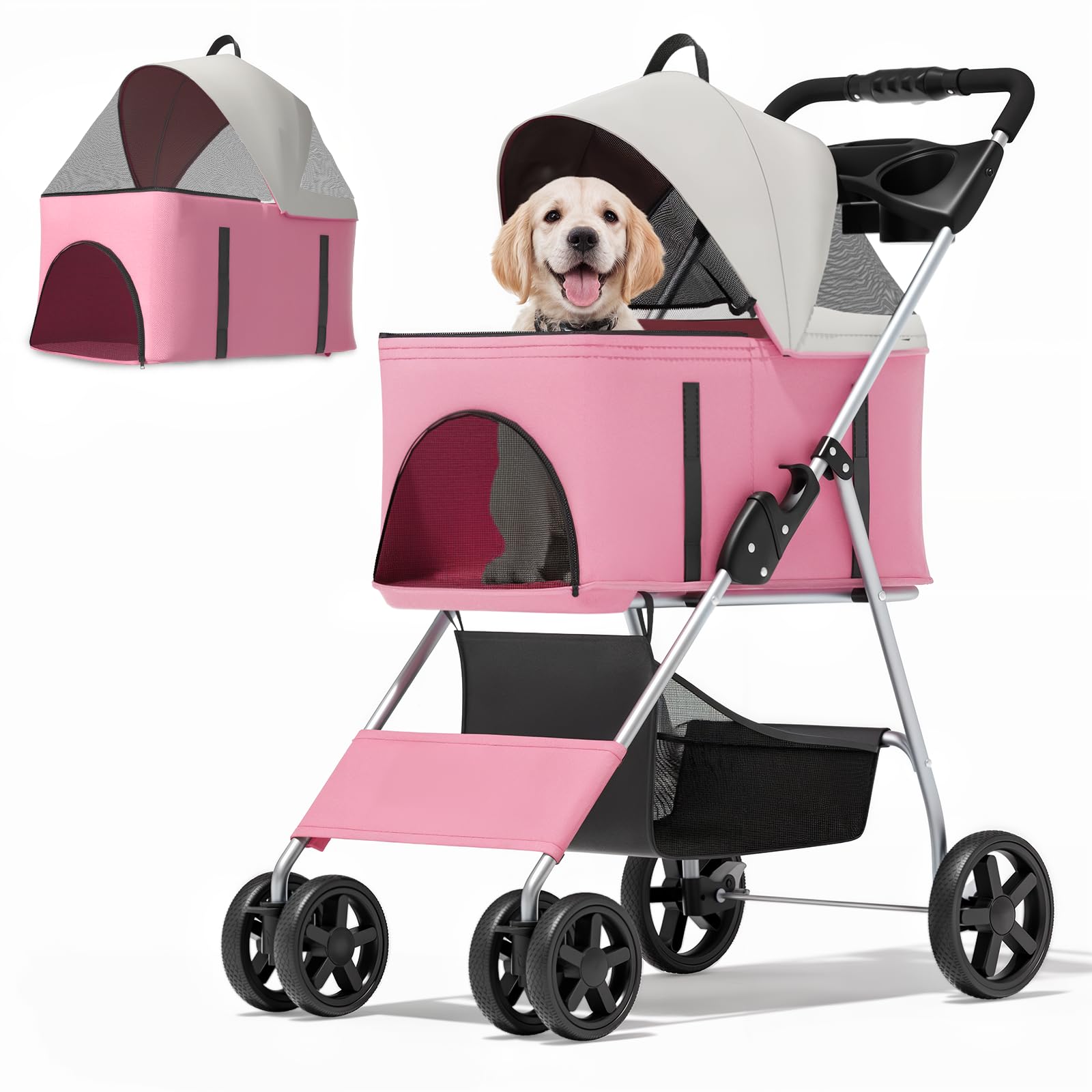 3 in 1 Foldable Pet Stroller for Small & Medium Dogs, Detachable Carrier, Car Seat, Push Button Entry, 4-Wheel Jogger for Pets up to 33 lbs, Pink