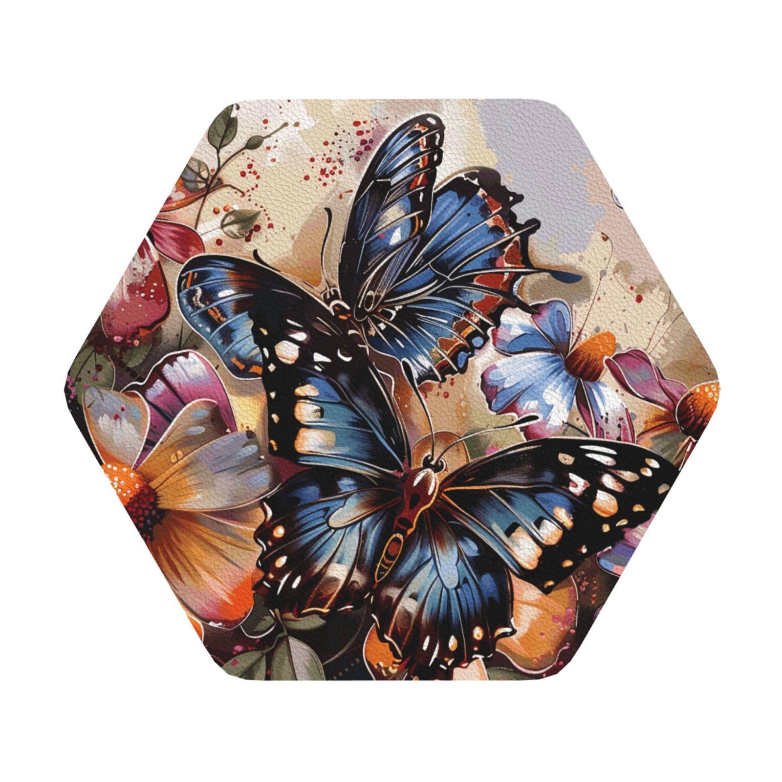 Butterfly Flowers Printed Coasters for Drinks, Leather Coaster Sets of 4, Funny Coffee Cup Coaster, Absorbent Coaster for Home and Office Kitchen Bar Hexagon