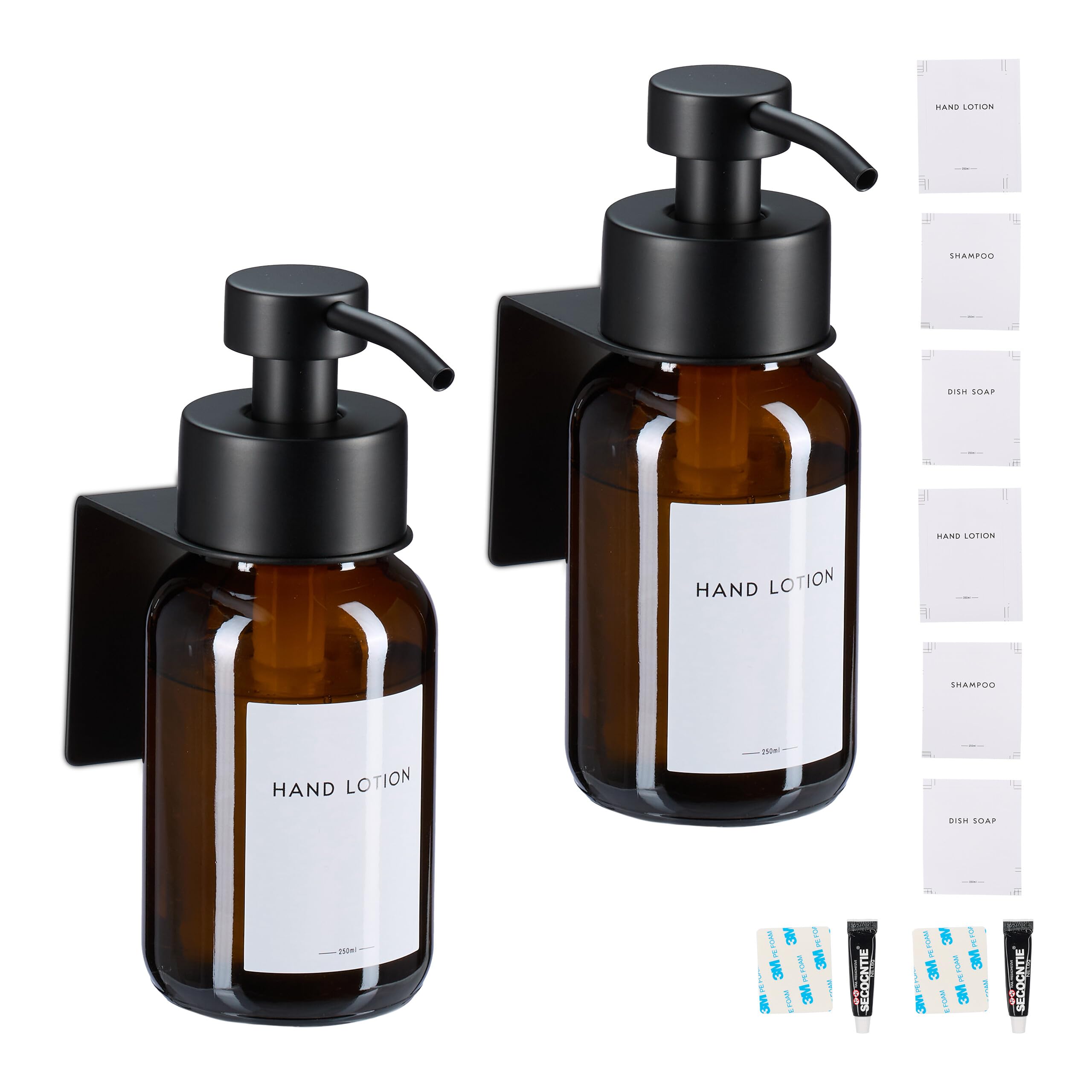Relaxdays Dispensador Jabón, 2 Uds., 250ml, Vidrio Ámbar, Acero Inoxidable, Dosificador Pared Adhesivo, Marrón/​Negro