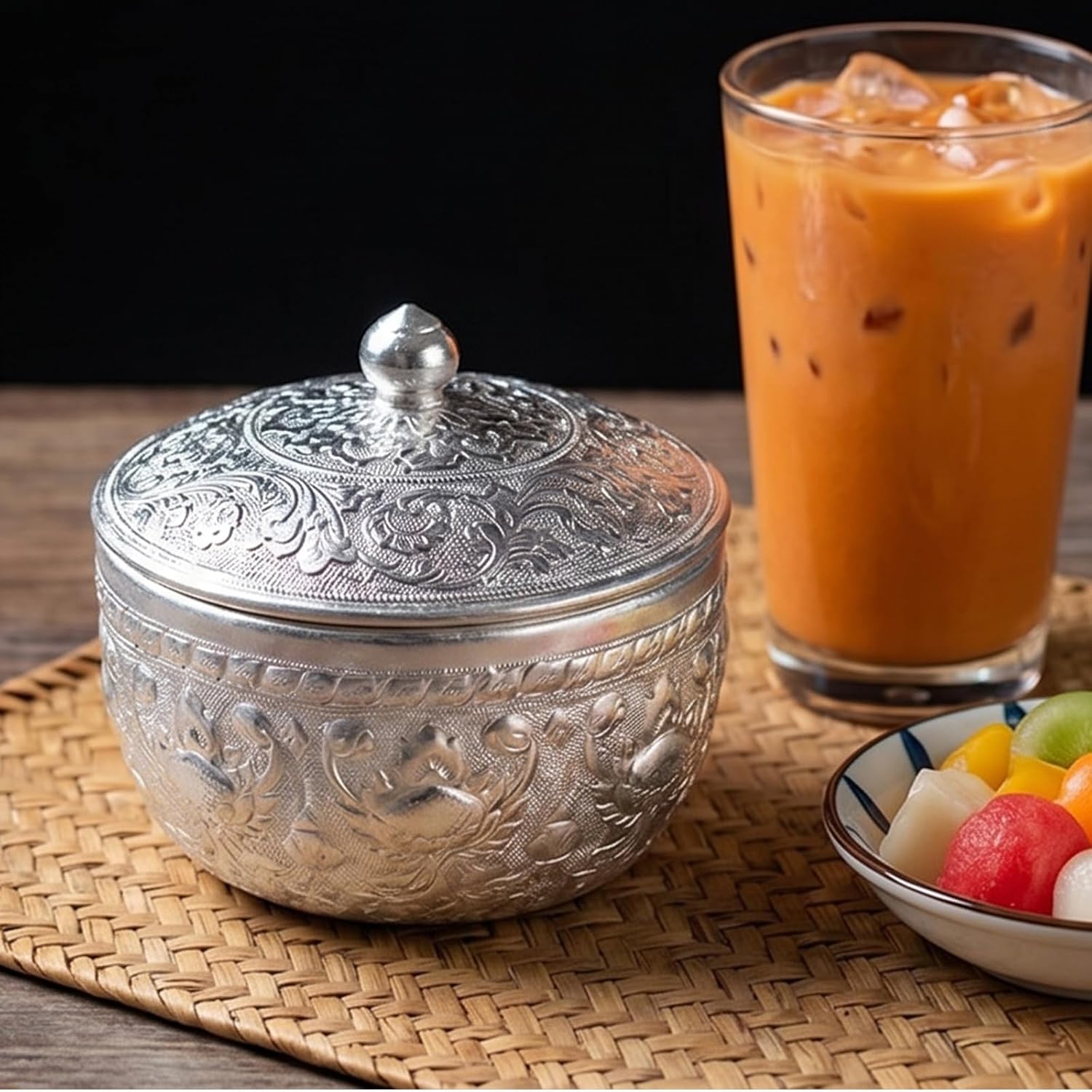 Thai Styles Silver Pewter Bowl for Bubble Tea