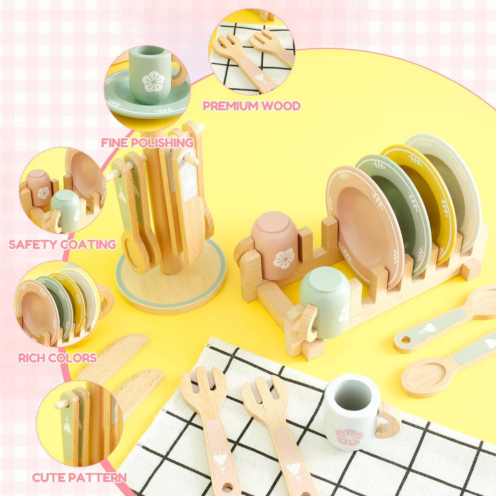 Set Stoviglie Cucina Bambini, Giochi Cucina Legno, Pentole E Piastra, 4 Piatti, 4 Tazze, 4 Coltelli, 4 Forchette, 4 Cucchiai, Supporto, Adatto A Ragazzi E Ragazze, Età 3/4/5 Anni