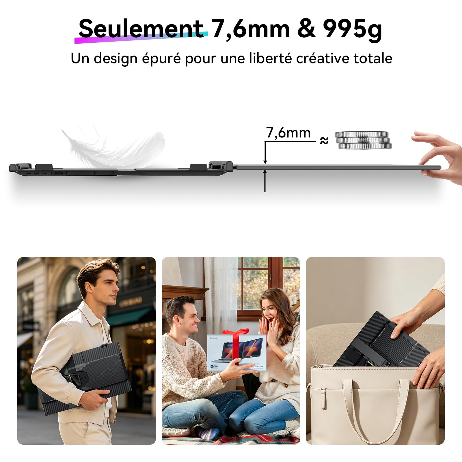 Blackview SCM5 Moniteur Portable 14,1", Ultra Fine FHD 1920P Certifié TÜV Écran Portable pour Ordinateur, 13,3"-17,3", Plug & Play Compatible avec Mac, Windows, Chrome, Android