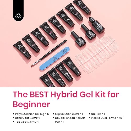 Miniatura 56 de Beetles - Kit de gel de extensión de uñas de polietileno con luz UV: juego de 6 colores de gel constructor rosa con purpurina blanca con capa base