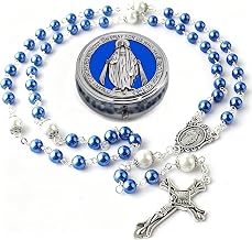 Christening Gifts For Boys, Blue Faux Pearl rosary beads In Miraculous Metal Keepsake Box, Christening Gifts, Daily Prayer and Spiritual Ceremony Accessory, First Communion Present for Children