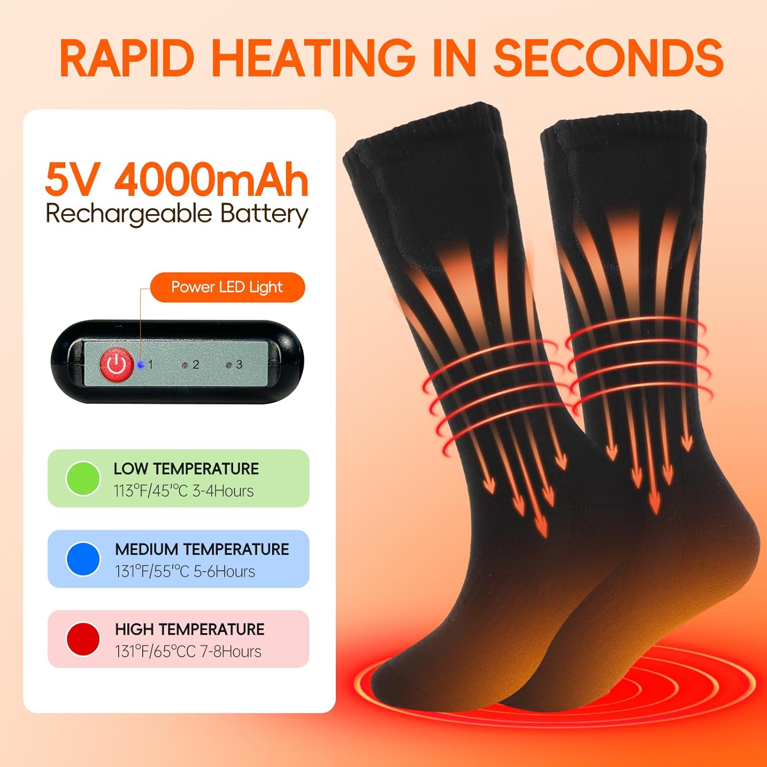 Heated Socks,Hettluo 5V 4000mAh Rechargeable Electric Heated Socks for Men Women Warm Thermal,with 3 Heating Setting for Outdoors Work Fishing Hunting Skiing Cycling Hiking Camping Motorcycling - Image 3