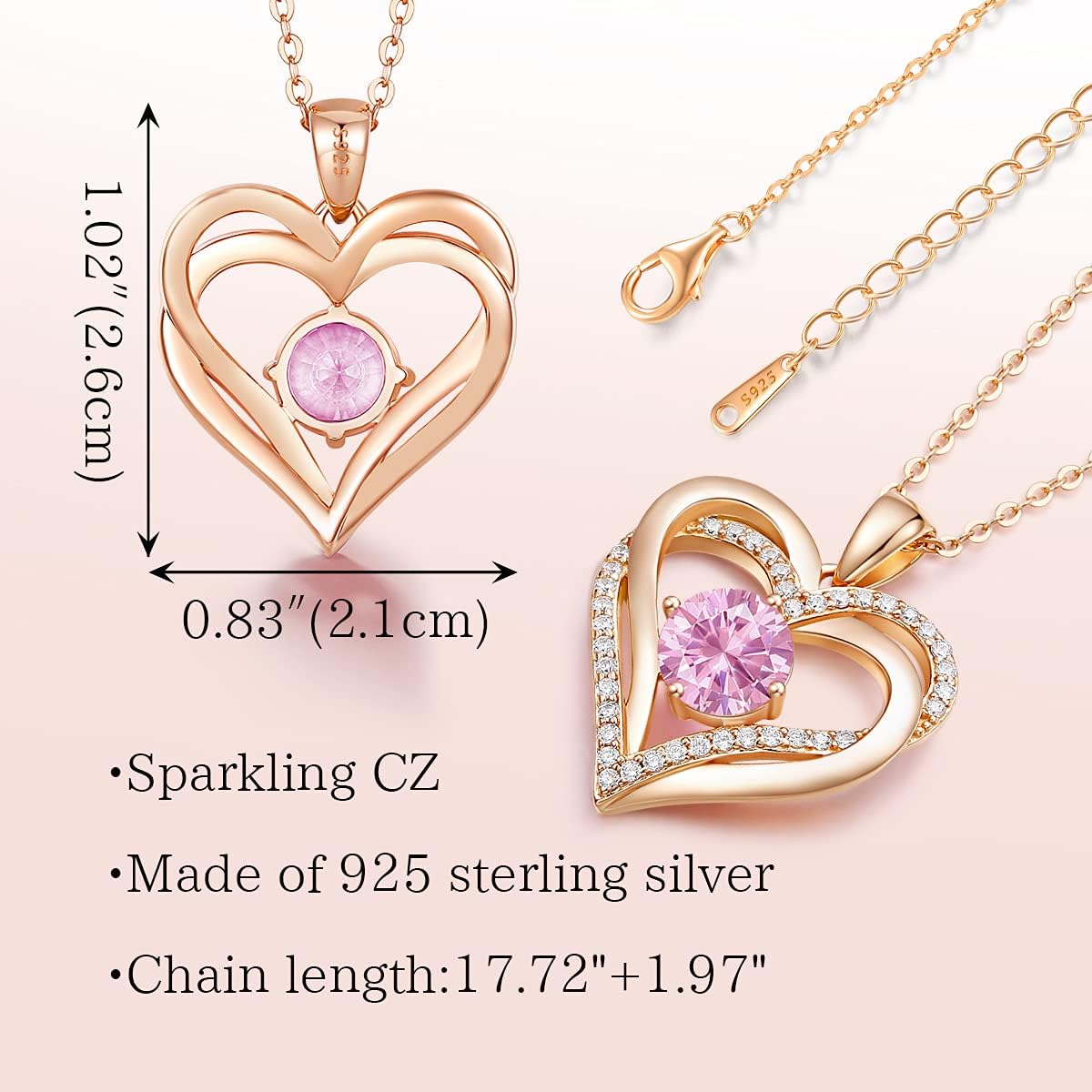 LOUISA SECRET Rose Gold Love Heart Necklace, 925 Sterling Silver Pendant Necklace with Birthstone, Birthday Christmas Jewelry Gift for Women Girls Her, October-Dreamy Pink : Clothing, Shoes & Jewelry