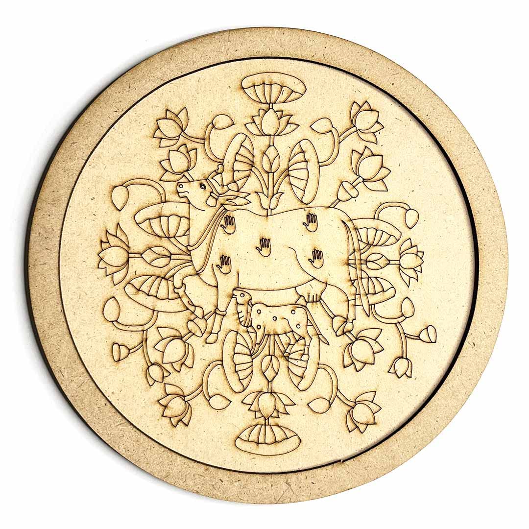 Adikala Cow & Alekhan MDF Engraved Design Wall Plate Base with Frame Cutout for DIY Craft-image-1