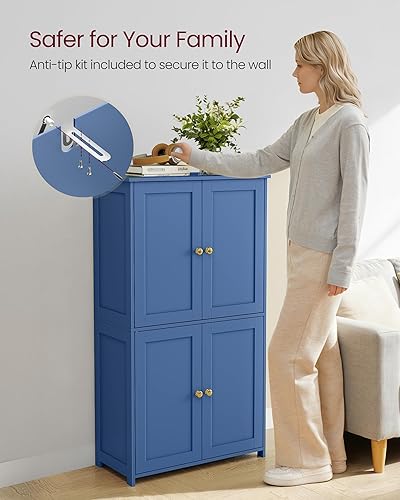 Miniatura 7 de VASAGLE Armario de almacenamiento de piso, armario agitador con 2 estantes ajustables, 4 puertas, unidad organizadora independiente alta, para Azul