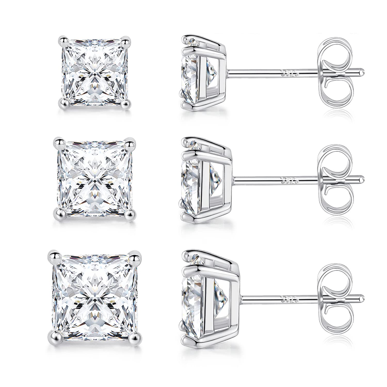 Princess Cut Cubic Zirconia 925 Sterling Silver Post Stud Earrings for Women Men