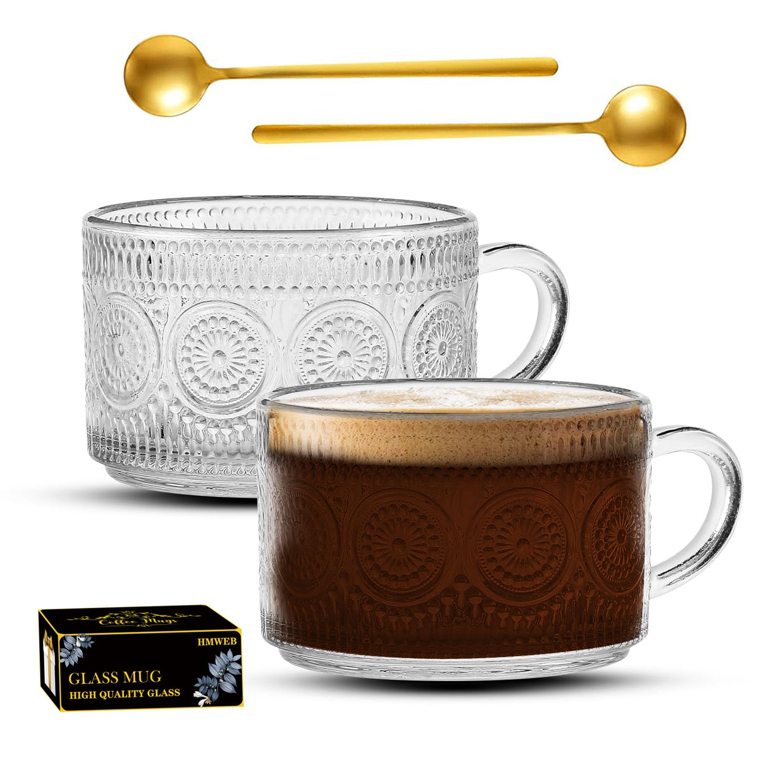 Juego de 2 tazas de té y café vintage, de 14 onzas, con relieve, para capuchino, latte, cereales, yogur, bebidas calientes/frías, leche