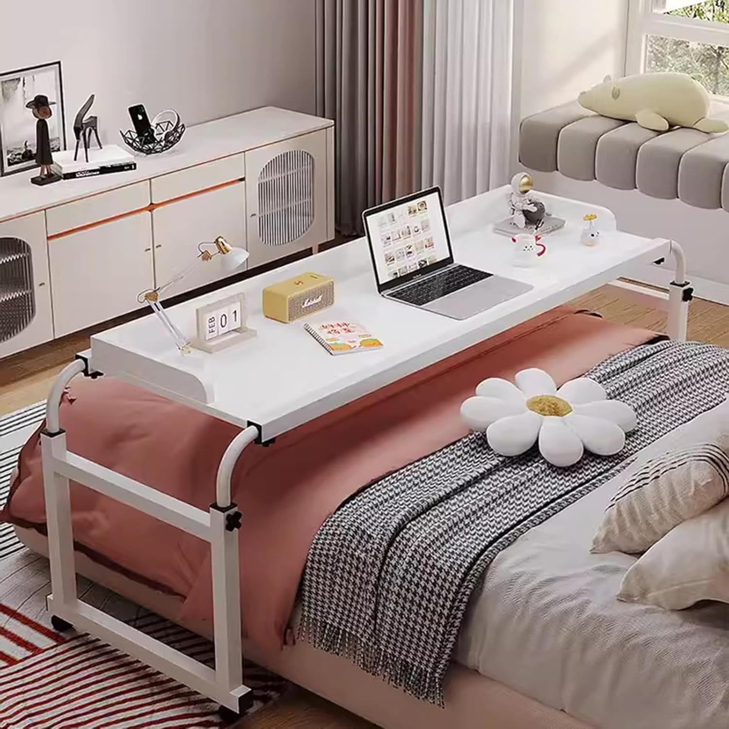 GXQFC Over The Bed Table with Wheels, Mobile Laptop Cart Computer Desk Width Adjustable 115-210cm Rolling Medical Table Height Adjustable 65-95cm for Laptop Work Medical(Color:White)