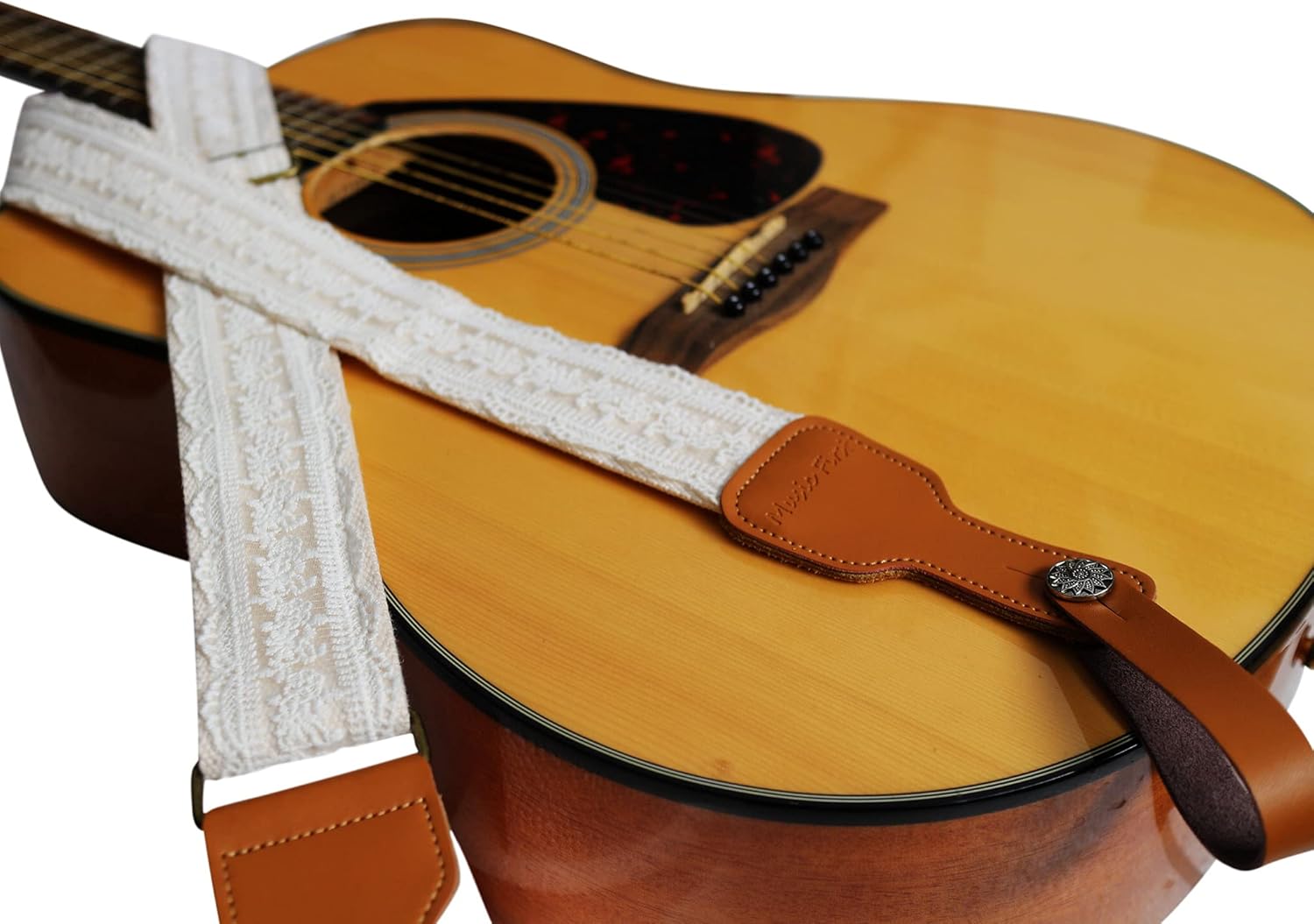 MUSIC FIRST Original Design, 2 inch width (5cm), White Graceful & Vintage Lace Soft Lace & Genuine Leather Delux Guitar Strap, Electric Guitar Strap (White)