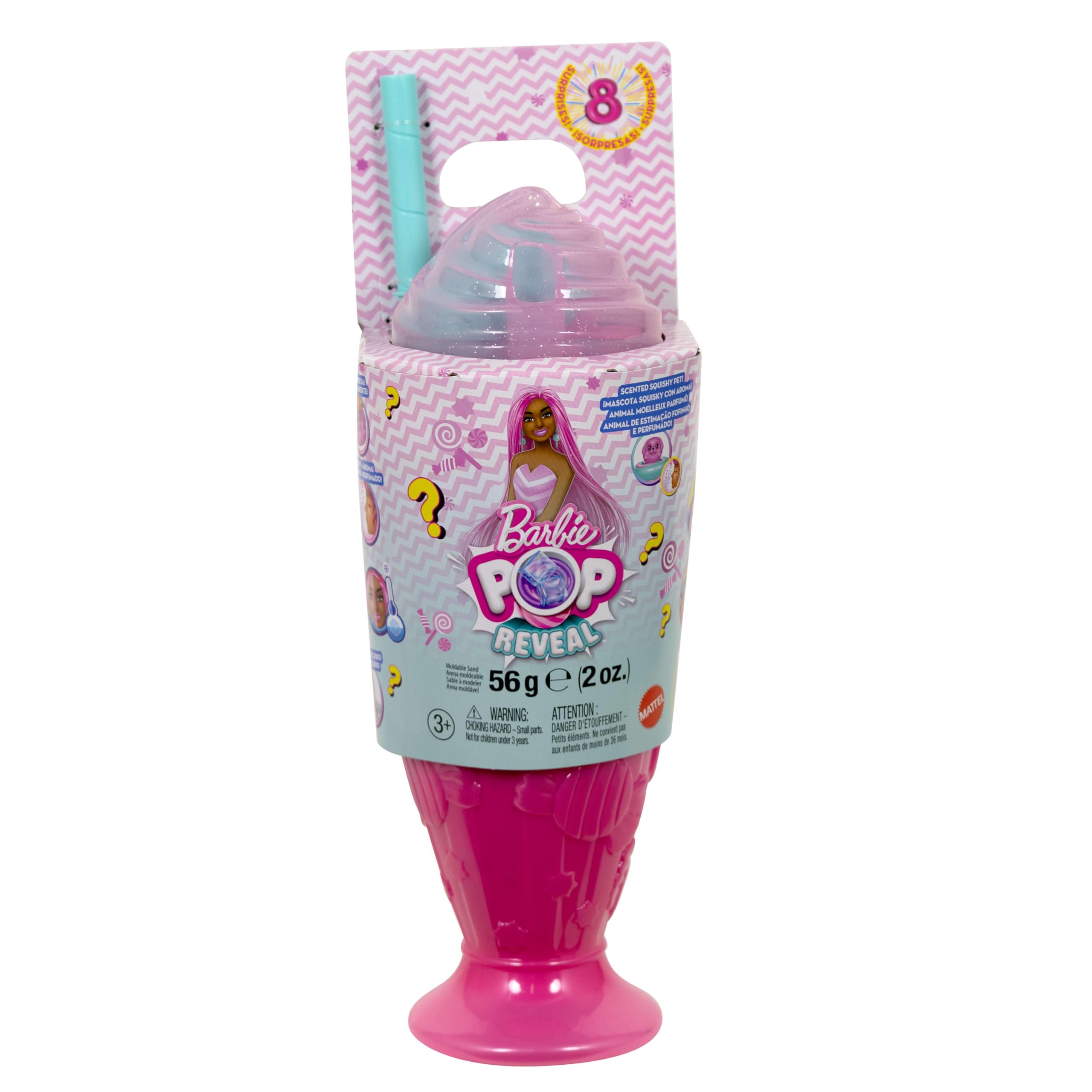 Barbie - Pop Reveal Serie Dolcetti, bambola a tema Sweet Swirl con cucciolo e 8 sorprese con effetto cambia colore inclusi, giocattolo per bambini, 3+ anni, JFY62