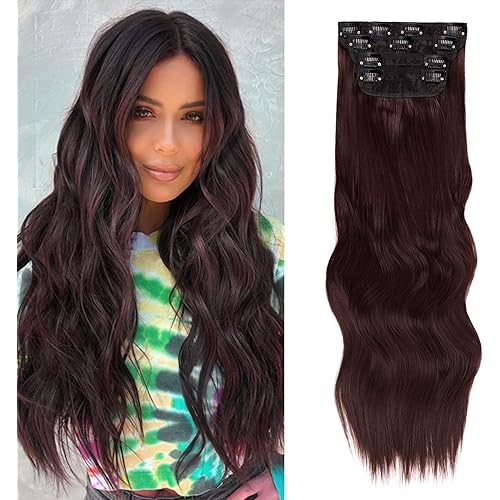 Gx Beauty Clip in Hair Extensions -4PCS 20Inch Long Soft Waves Thick Dark Brown Hair Extensions Synthetic Fiber Double Weft Hairpieces for Women Full Head