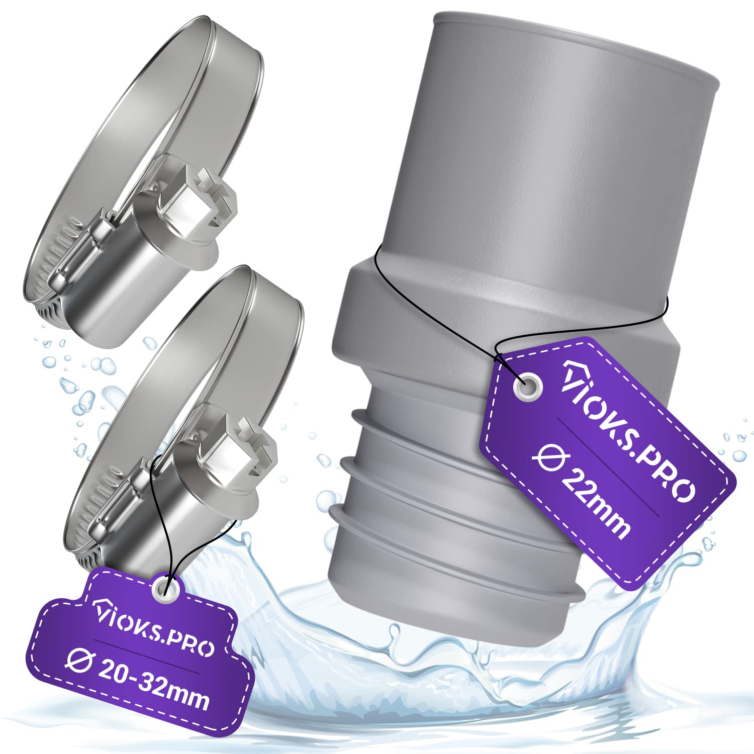 Vioks.pro Set of 2 Hose Clamp 20-32 mm Diameter and Drain Hose End Piece 22 mm Diameter Washing Machine Drain Adapter for Washing Machine, Dishwasher