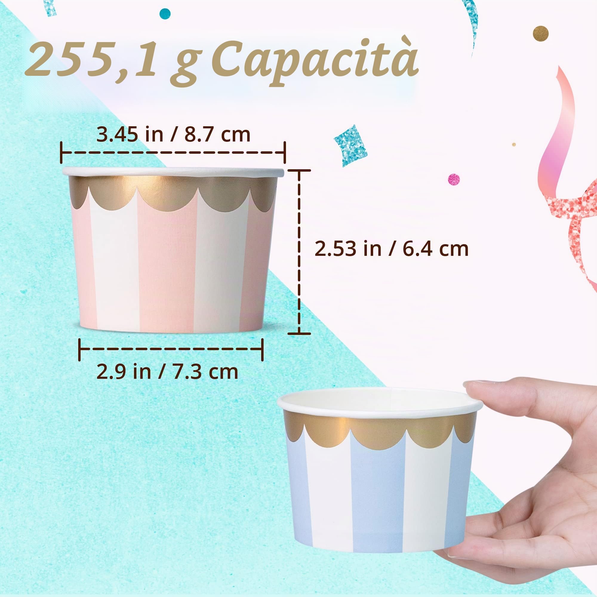 Bicchieri di carta per gelato – 50 ciotole da dessert usa e getta da 255,1 g per cibi caldi o freddi, forniture per feste da 255 ml, tazze per gelato, yogurt congelato, zuppe, 5 colori pastello a