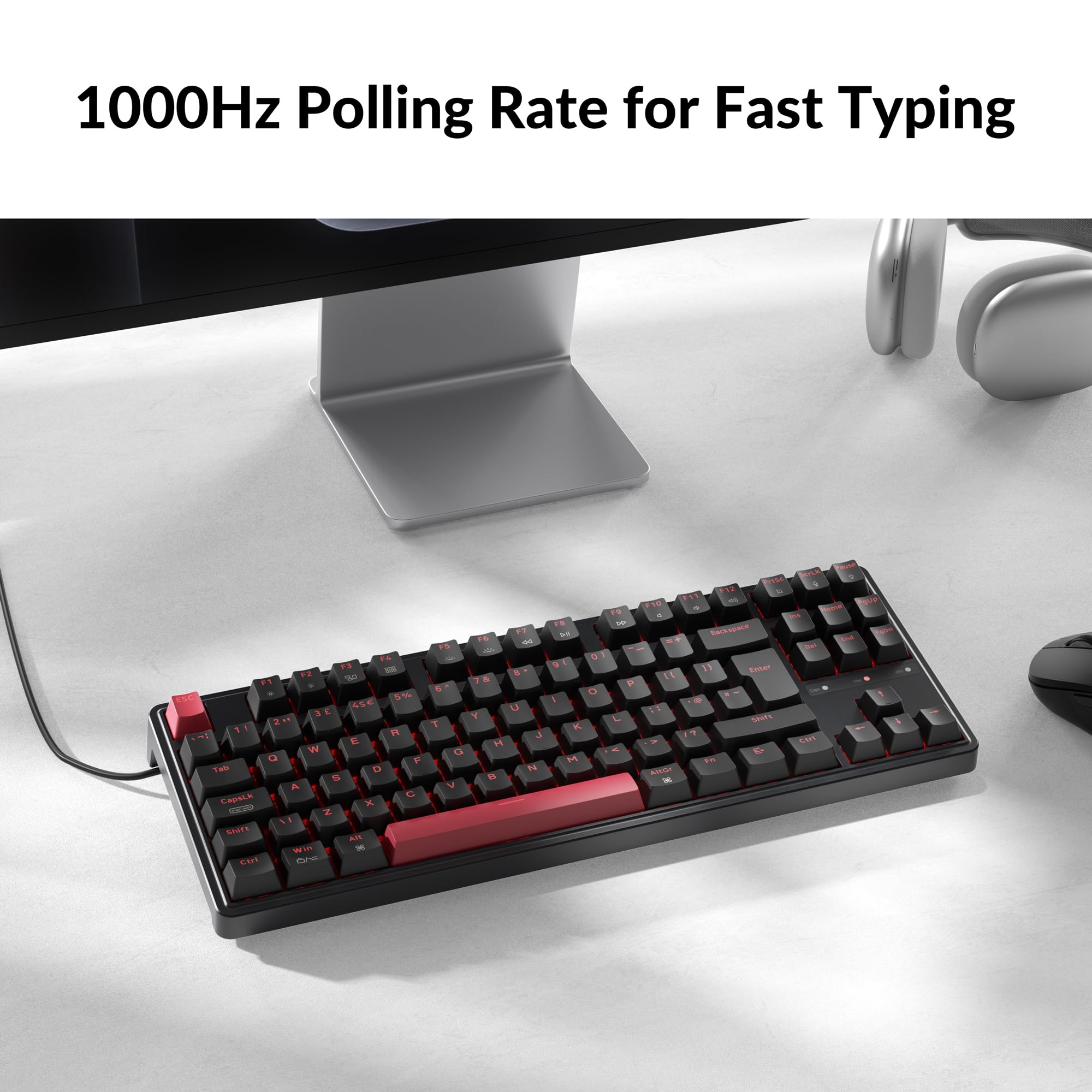 Keychron C3 Pro Wired Mechanical Keyboard - ISO UK Layout, 87 Key TKL Compact, Gasket Mount, QMK/VIA Programmable, Red Switches, Red Backlight, for Mac Windows Linux Gaming — view 2